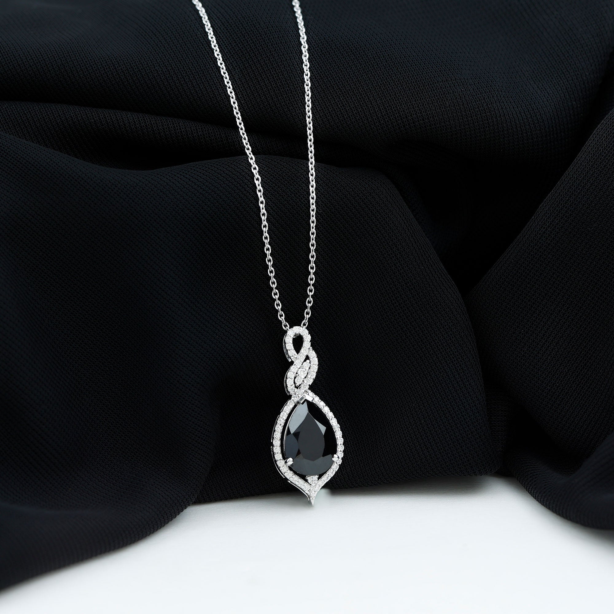 Created Black Diamond Teardrop Dangle Pendant with Diamond Accent AAAA ( Synthetic ) - Rosec Jewels