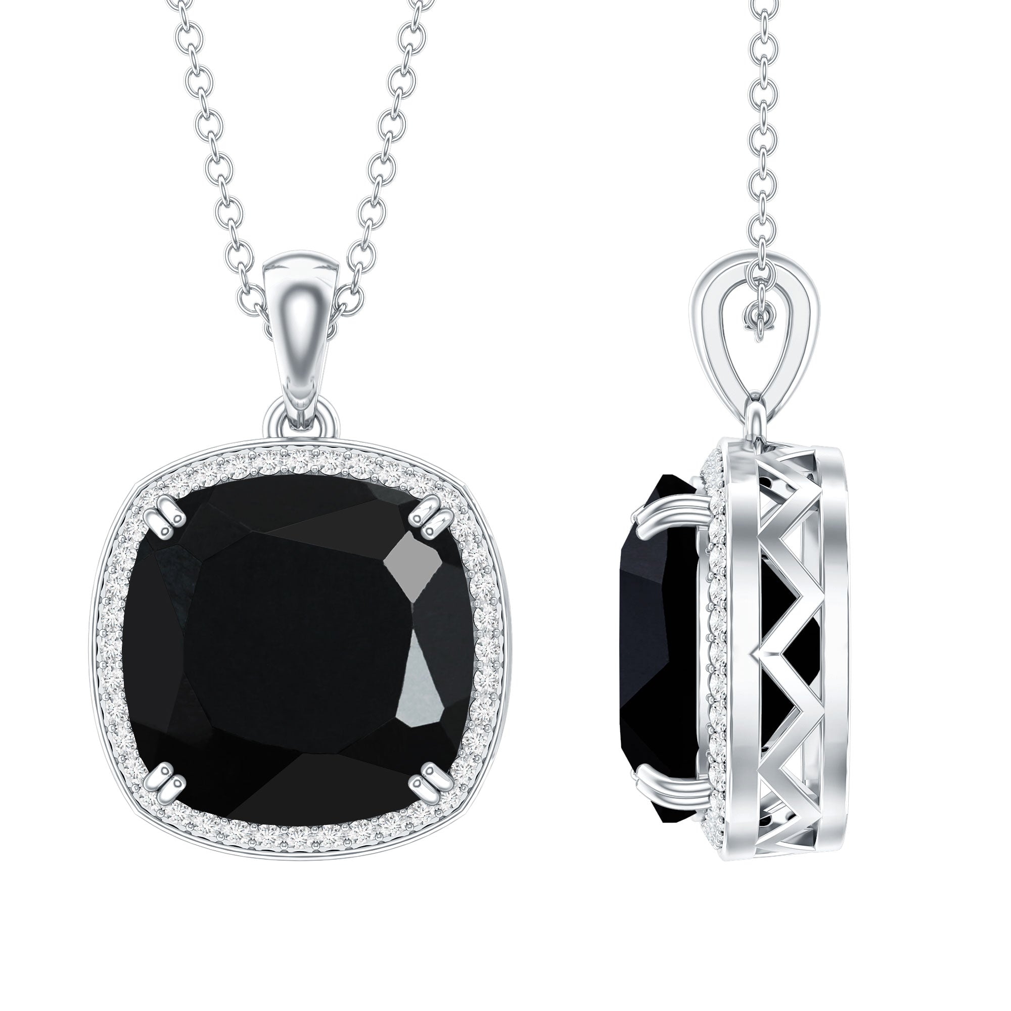 6 Carat Cushion Cut Lab Grown Black and White Diamond Halo Necklace AAAA ( Synthetic ) - Rosec Jewels