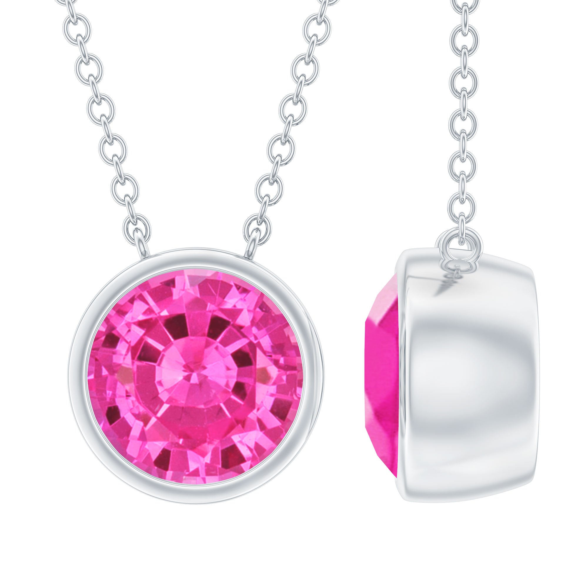 Rosec Jewels-Round Cut Lab Grown Pink Sapphire Solitaire Necklace in Bezel Setting
