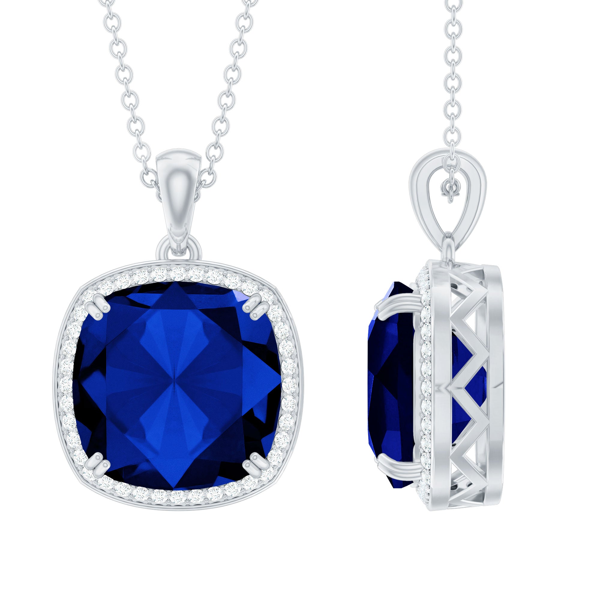 Cushion Cut Created Blue Sapphire and Diamond Halo Pendant Necklace