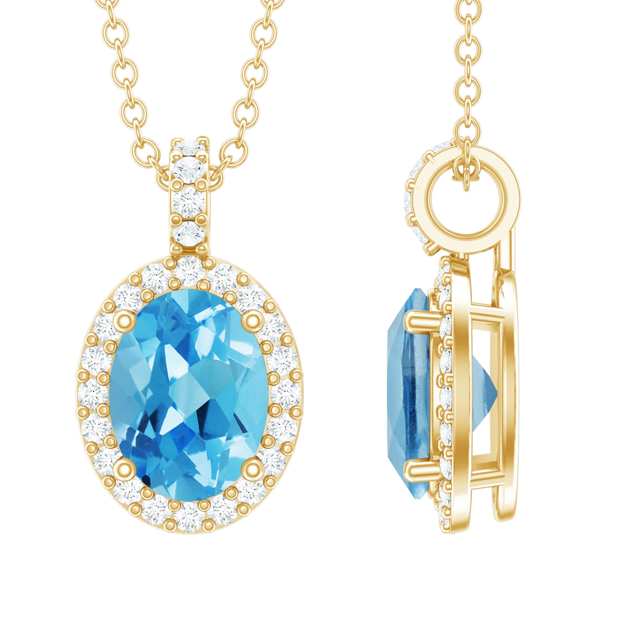 Oval Shaped Swiss Blue Topaz and Diamond Halo Necklace