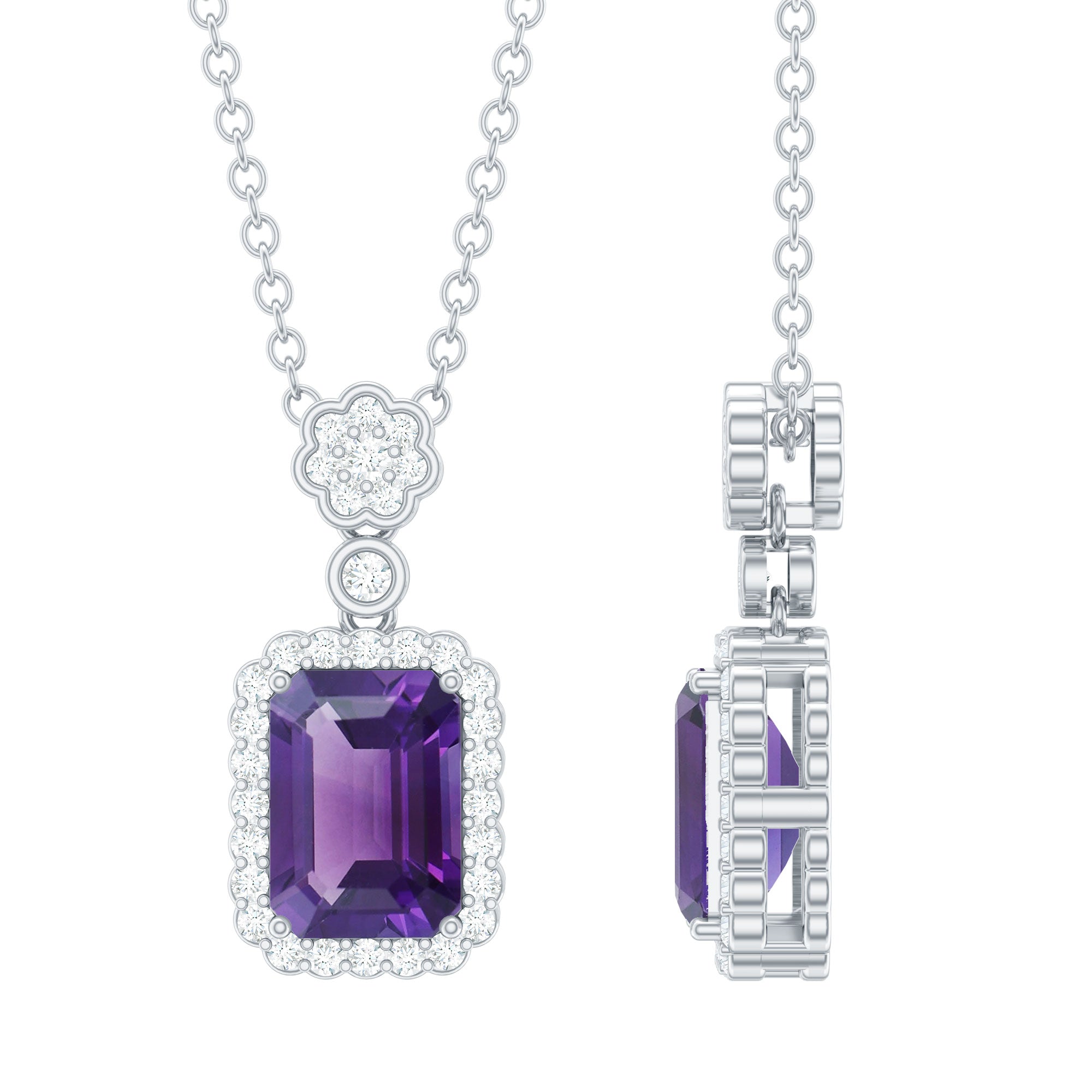 Rosec Jewels-Emerald Cut Amethyst Vintage Necklace with Diamond Halo