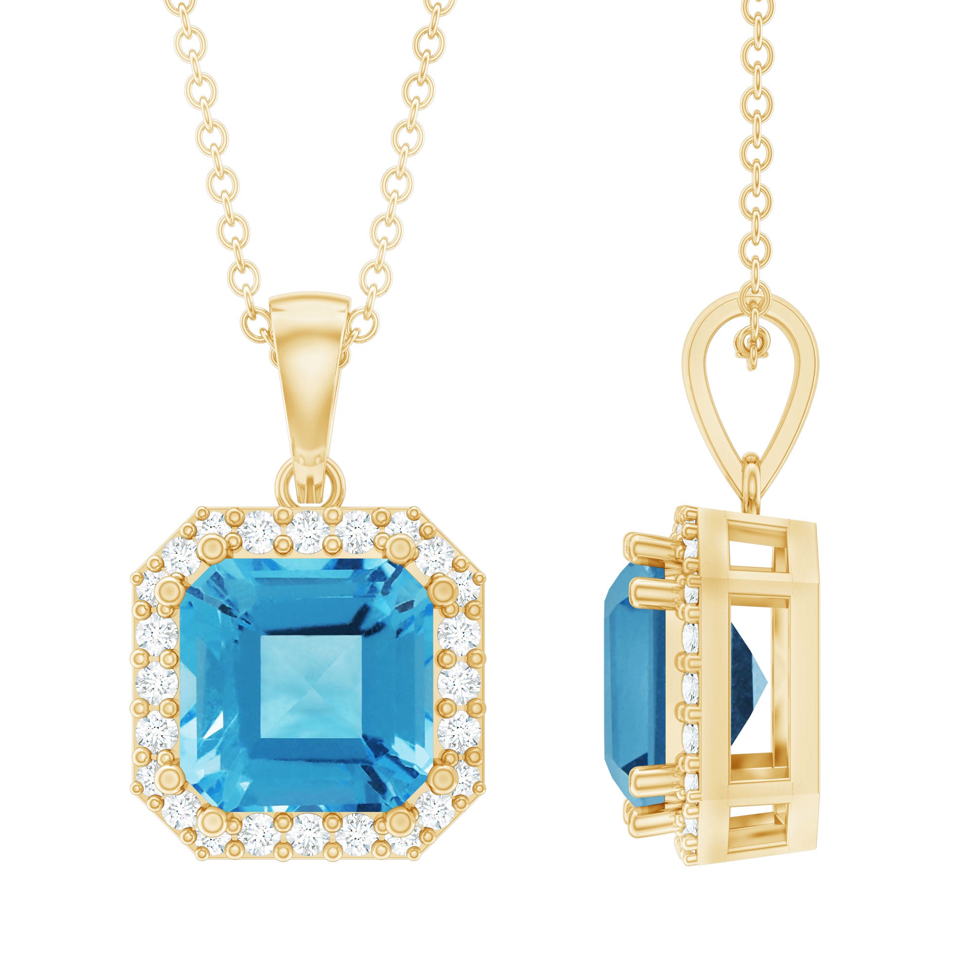 8 MM Asscher Cut Swiss Blue Topaz and Diamond Halo Necklace