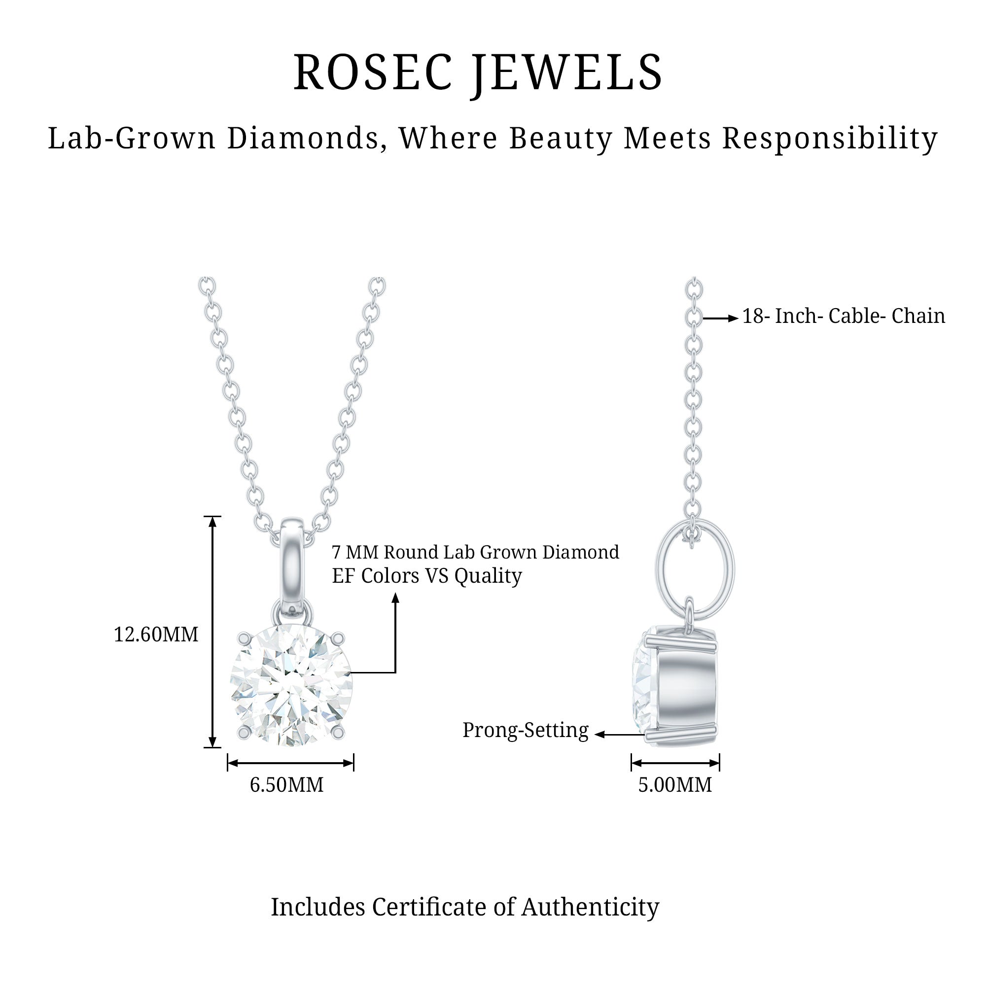 Lab Grown 1 Carat Single Diamond Necklace For Women Lab - ( EF-VS ) - Rosec Jewels