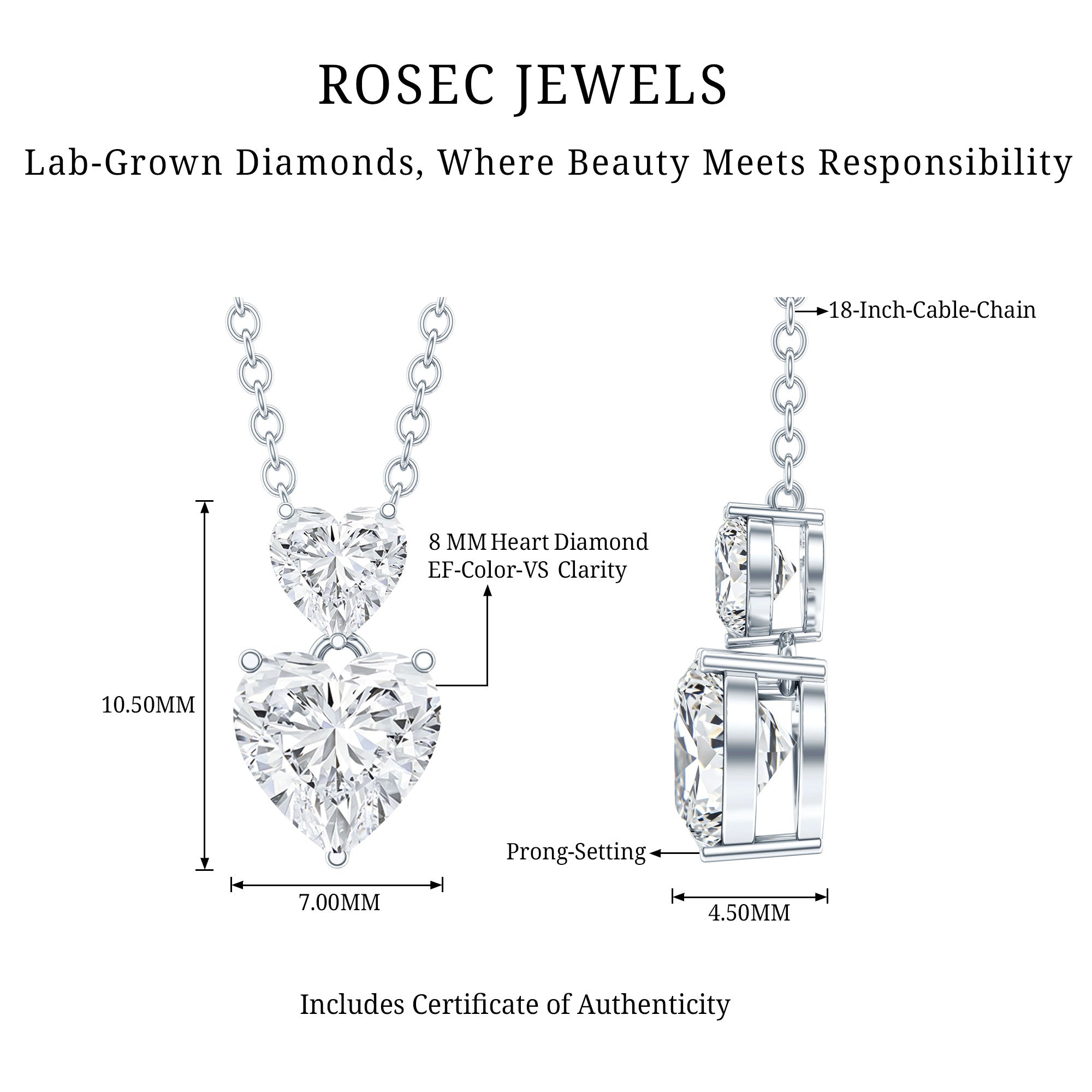 Certified Lab Grown Diamond Double Heart Promise Necklace Lab - ( EF-VS ) - Rosec Jewels
