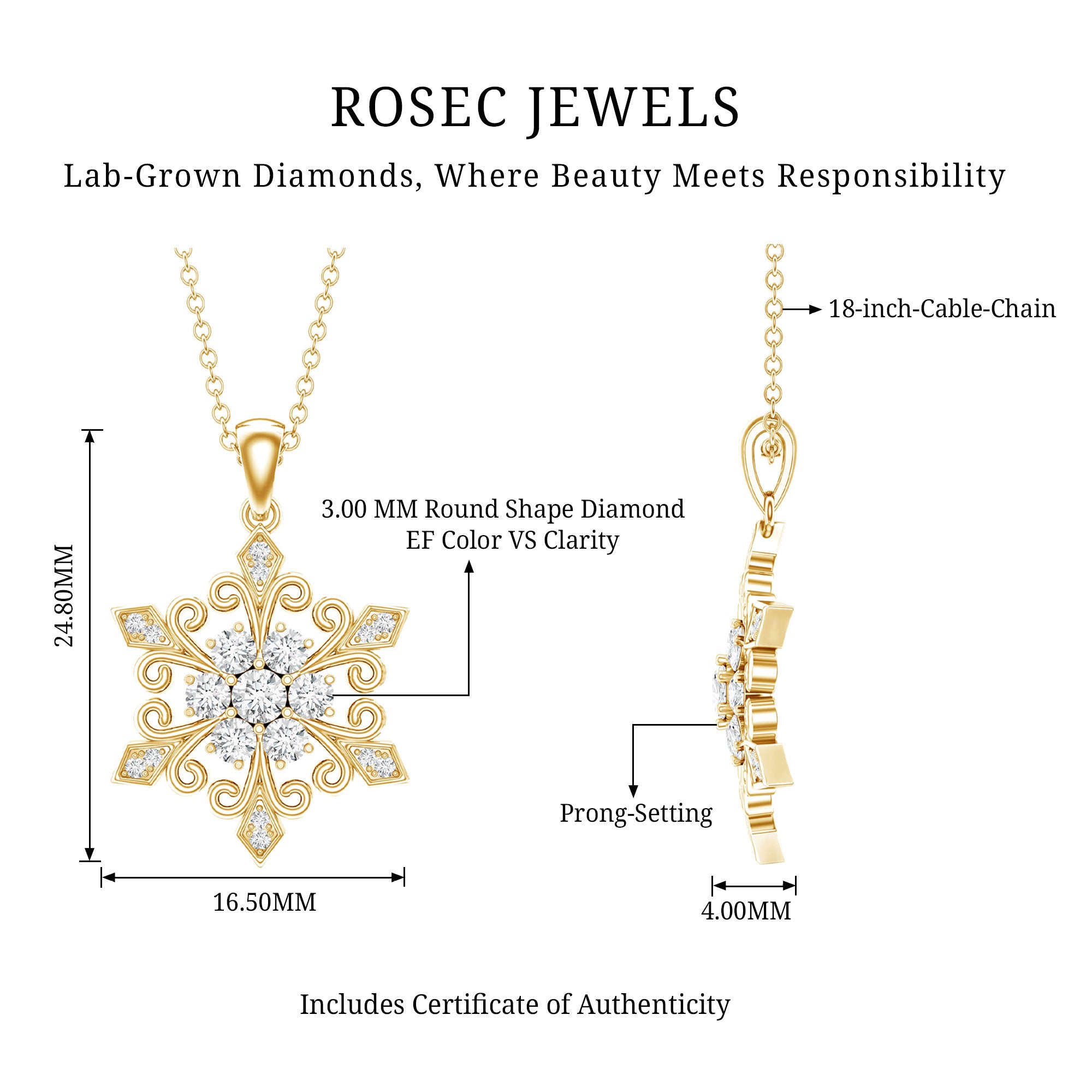 Lab Grown Diamond Christmas Snowflake Pendant Necklace Lab - ( EF-VS ) - Rosec Jewels