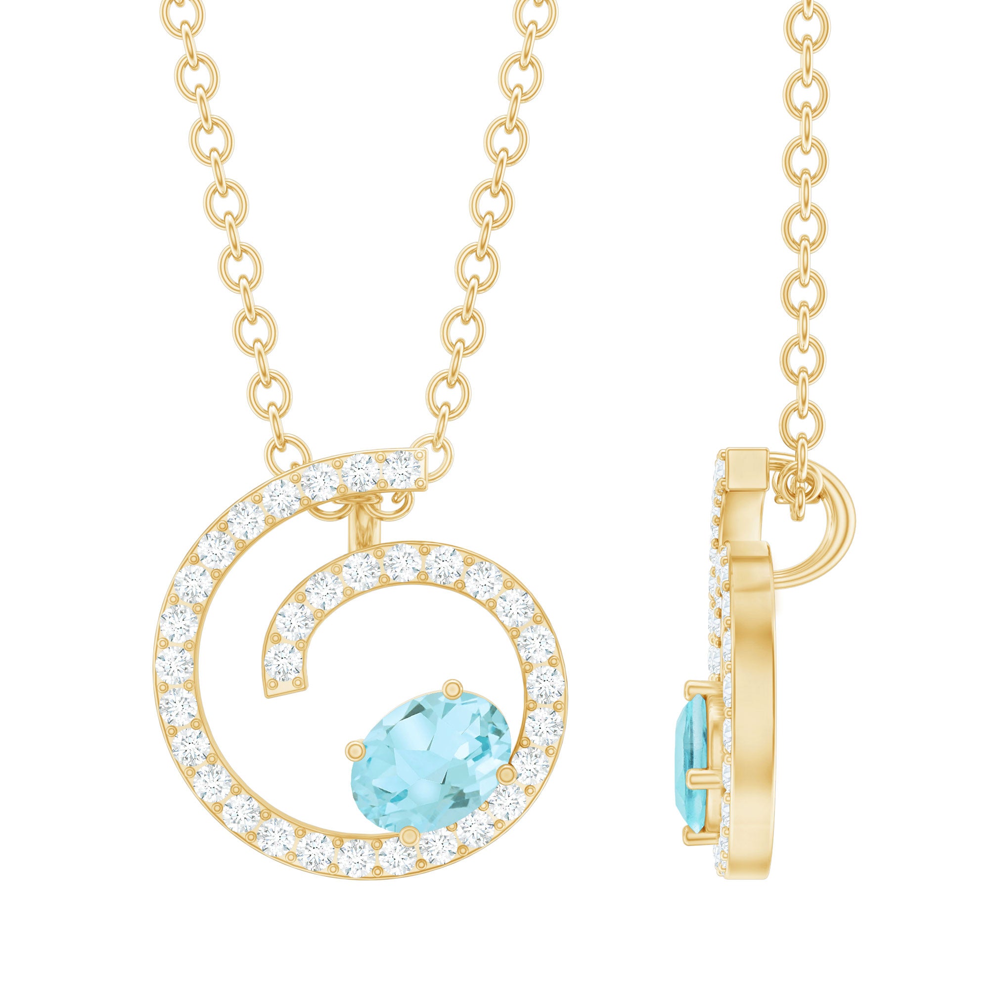 Rosec Jewels-Sky Blue Topaz and Diamond Spiral Necklace with Silver Chain