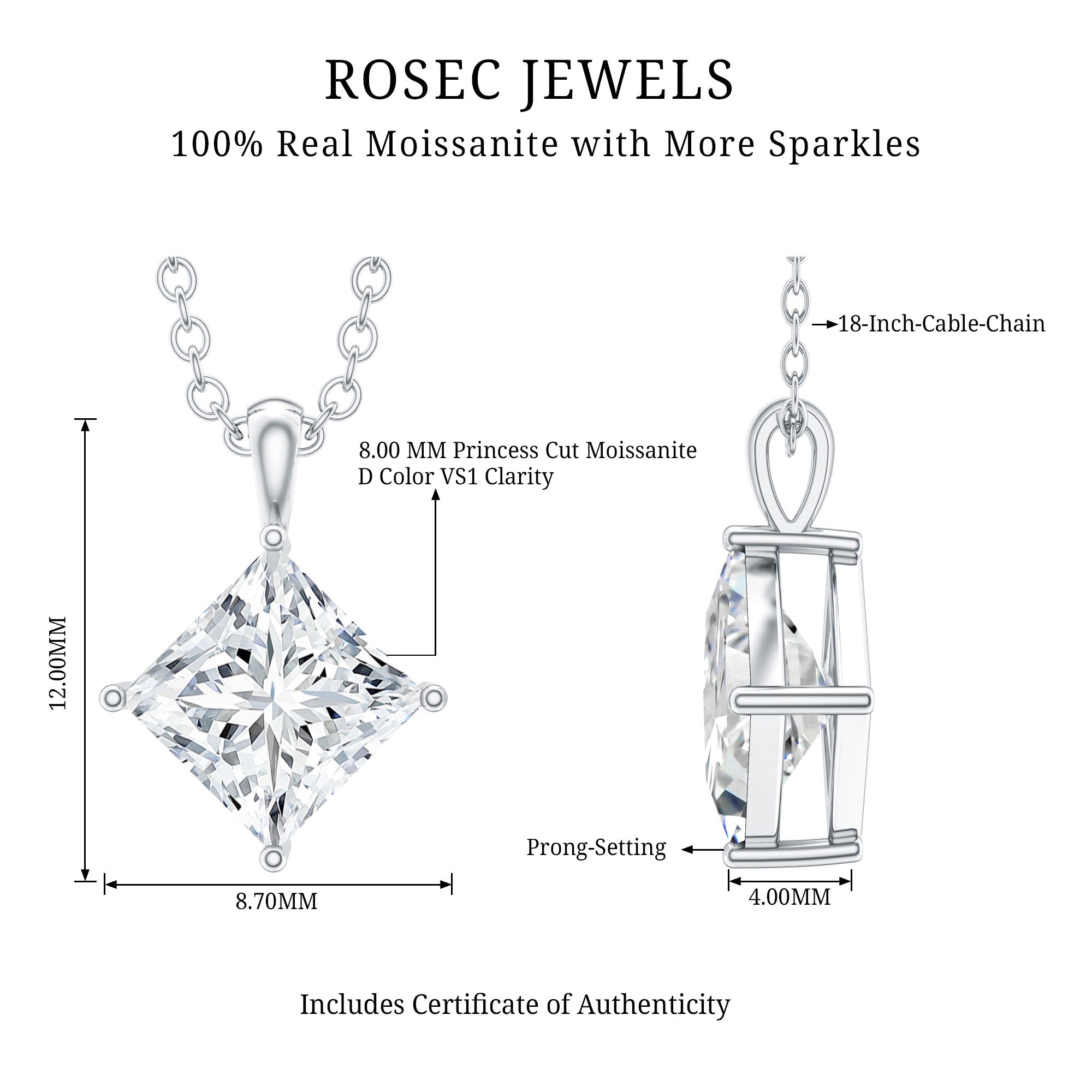 4 Carat Princess Cut Lab Grown Diamond Solitaire Pendant with IGI Certificate Lab - ( E-VS1 ) - Rosec Jewels