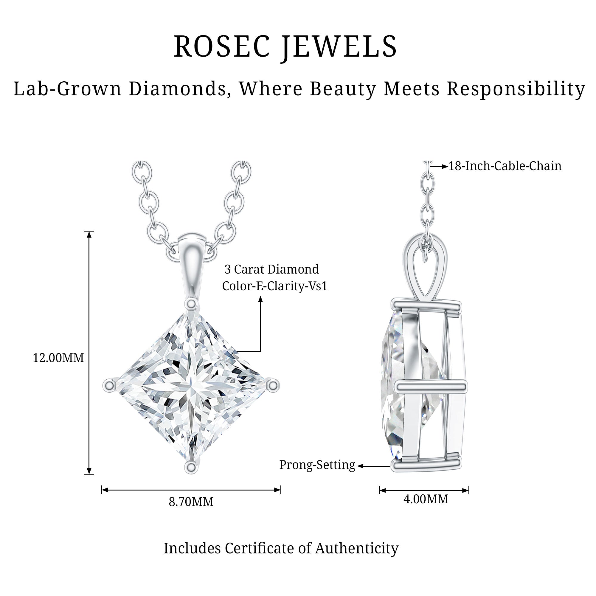 3 Carat Solitaire Lab Grown Diamond Princess Cut Necklace with IGI Certificate Lab - ( E-VS1 ) - Rosec Jewels