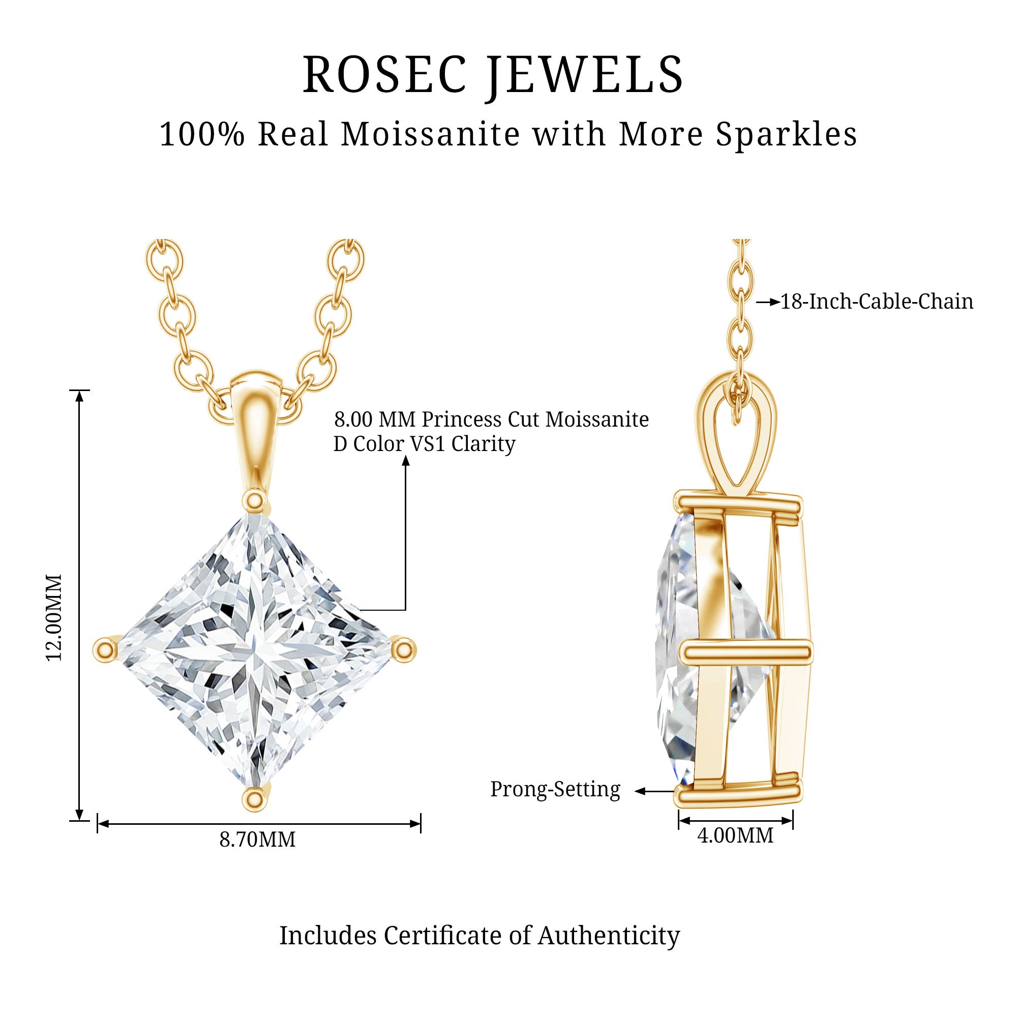 3 Carat Solitaire Lab Grown Diamond Princess Cut Necklace with IGI Certificate Lab - ( E-VS1 ) - Rosec Jewels