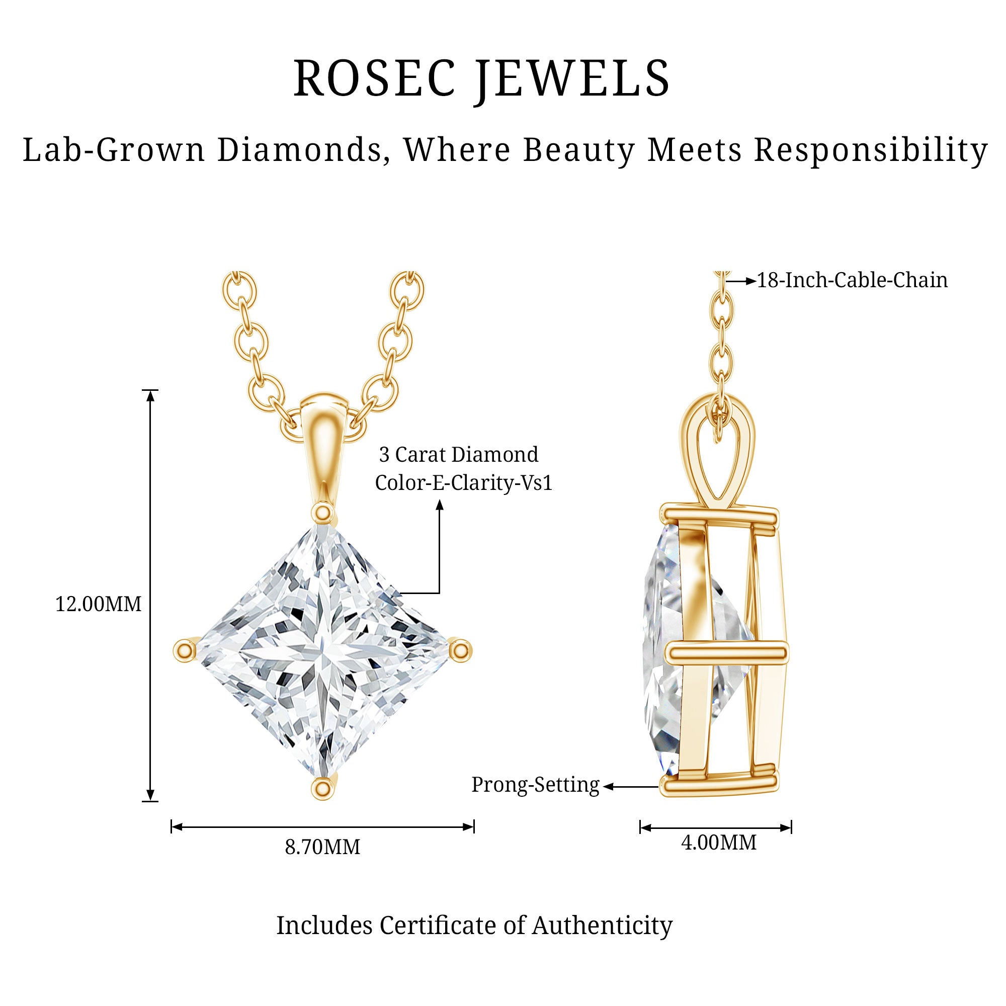 3 Carat Solitaire Lab Grown Diamond Princess Cut Necklace with IGI Certificate Lab - ( E-VS1 ) - Rosec Jewels