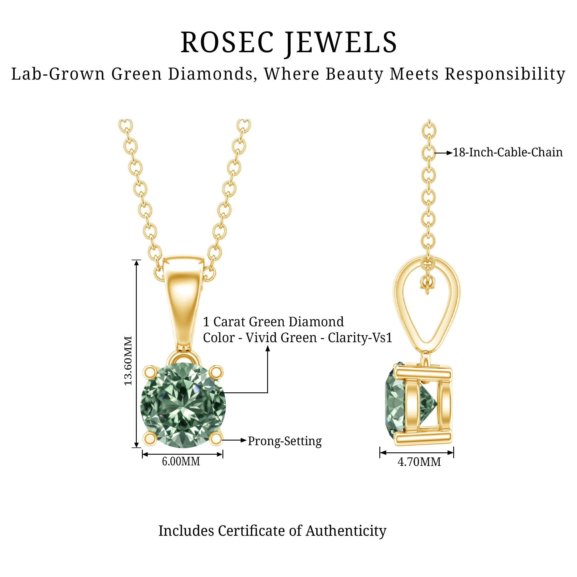 1 Carat Lab Created Vivid Green Diamond Solitaire Pendant with IGI Certificate Vivid Green - VS1 - Rosec Jewels