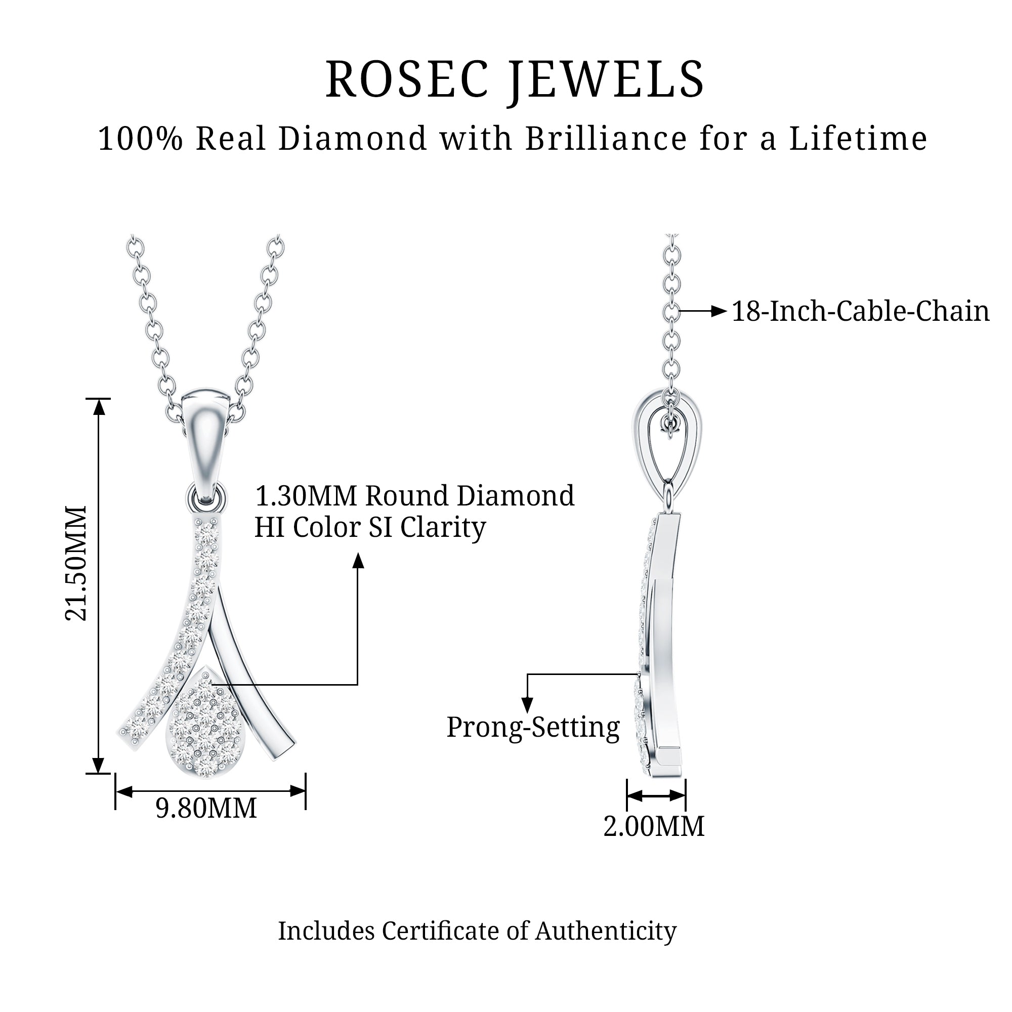 Certified Round Cut Diamond Cluster Necklace Natural - ( HI-SI ) - Rosec Jewels