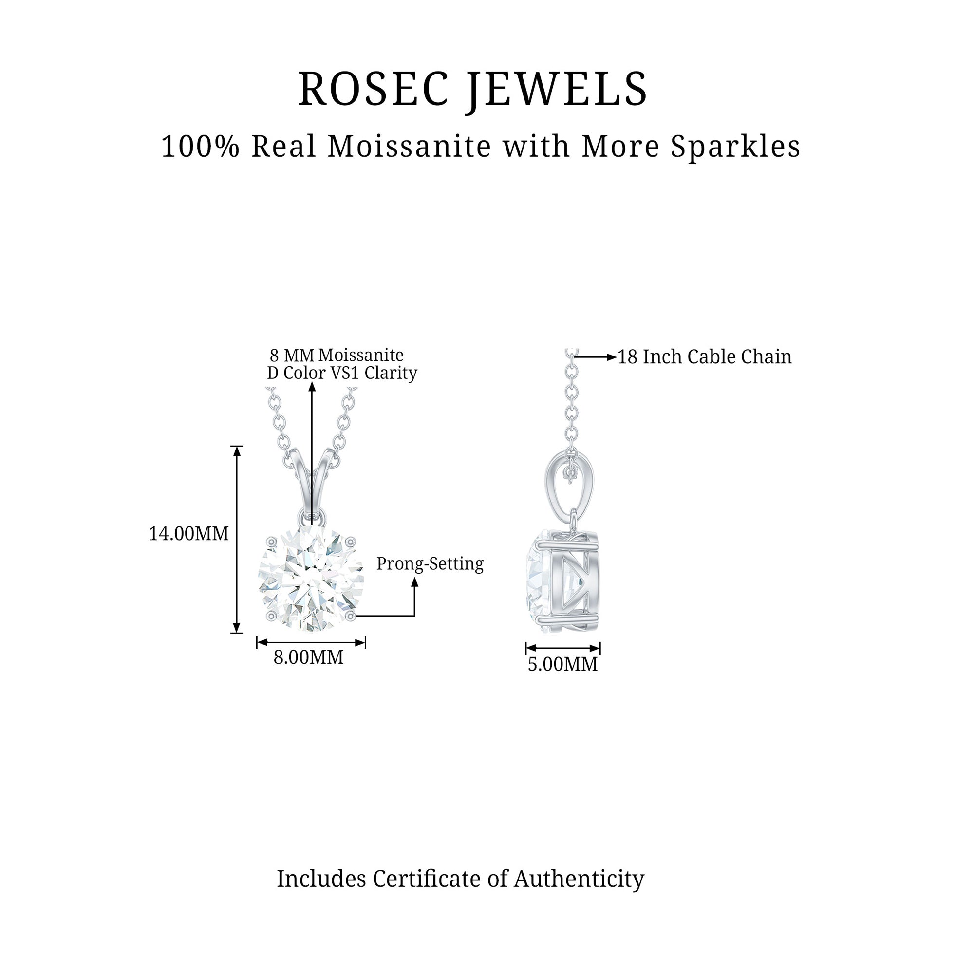 Certified 2 Carat Moissanite Solitaire Pendant Necklace With Chain D-VS1 - Rosec Jewels