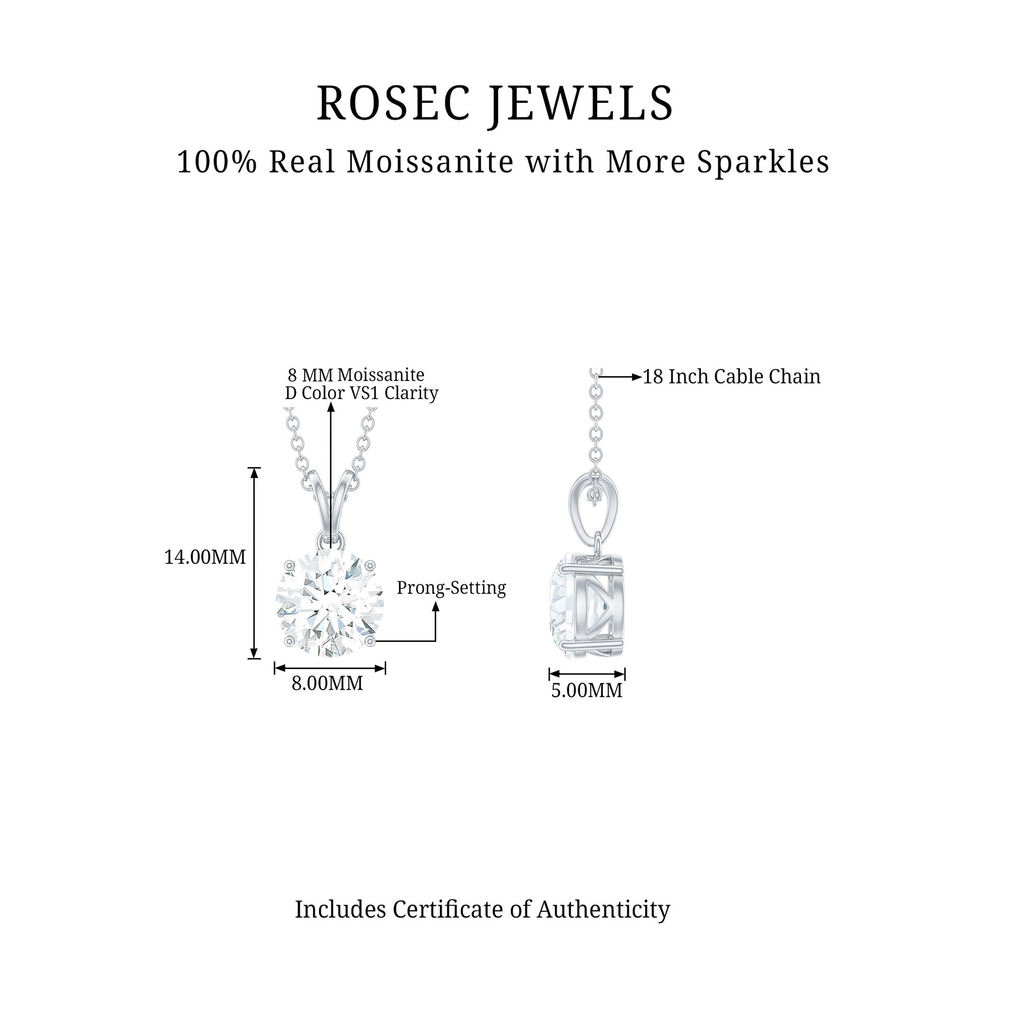 Certified 2 Carat Moissanite Solitaire Pendant Necklace With Chain D-VS1 - Rosec Jewels