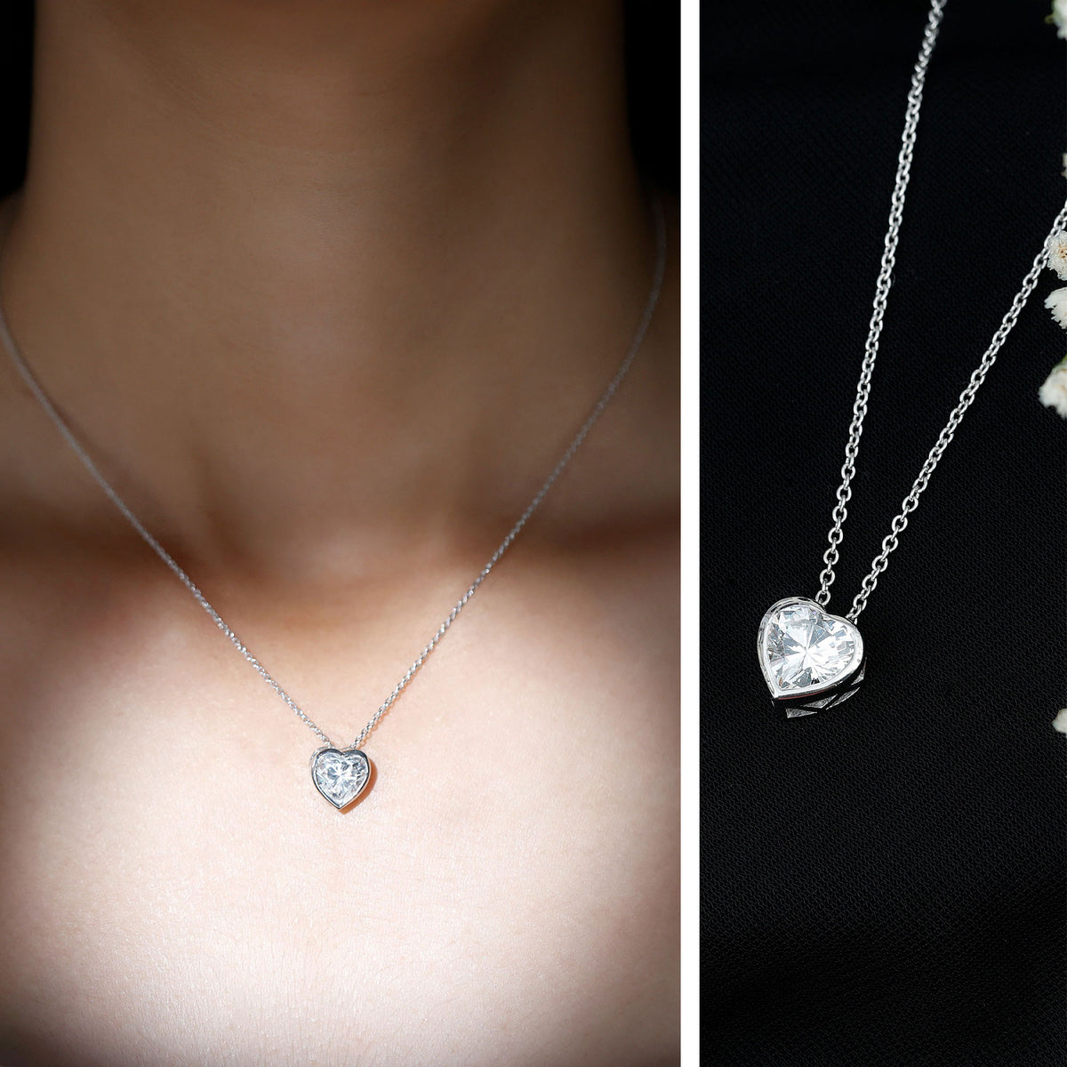 2 Carat Heart Shape Moissanite Solitaire Necklace in Bezel Setting D-VS1 - Rosec Jewels