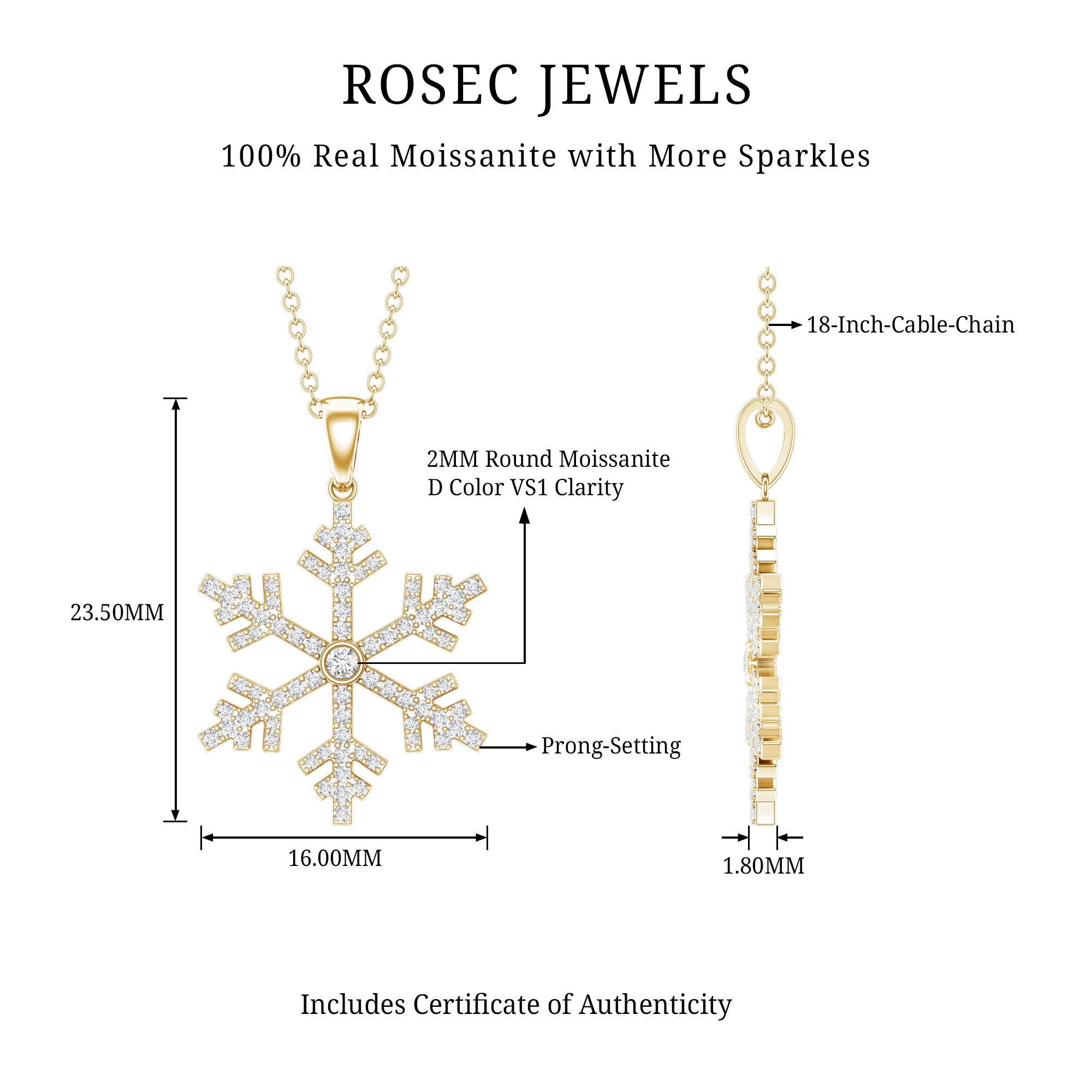 Certified Moissanite Frozen Snowflake Pendant Necklace D-VS1 - Rosec Jewels