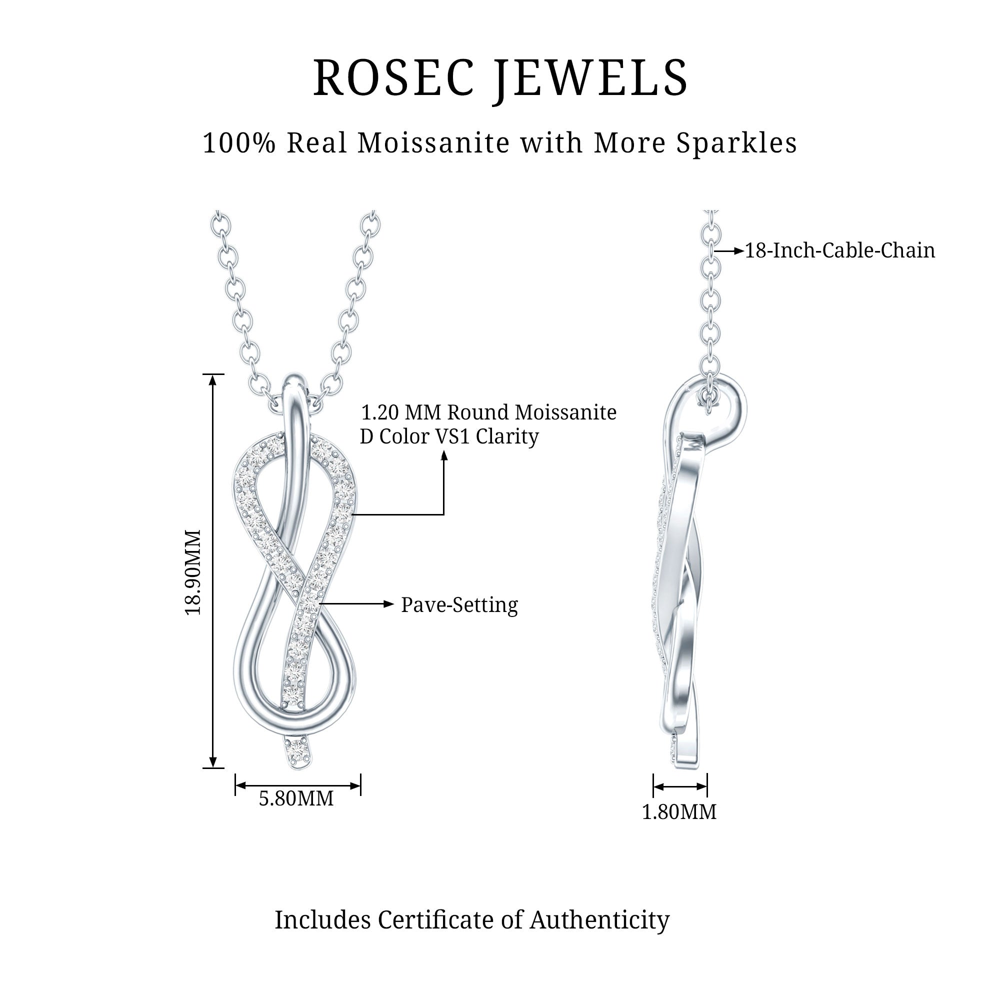 Minimal Moissanite Infinity Knot Pendant Necklace D-VS1 - Rosec Jewels