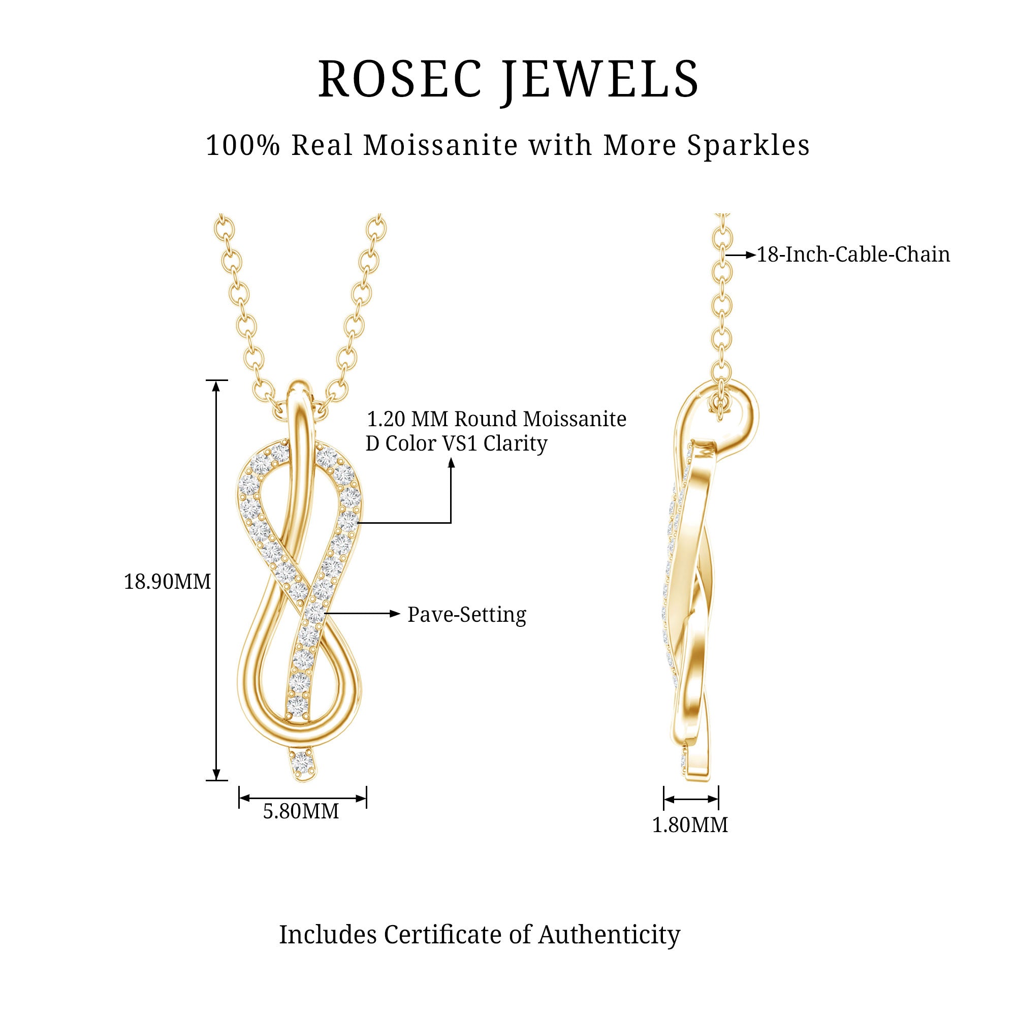 Minimal Moissanite Infinity Knot Pendant Necklace D-VS1 - Rosec Jewels