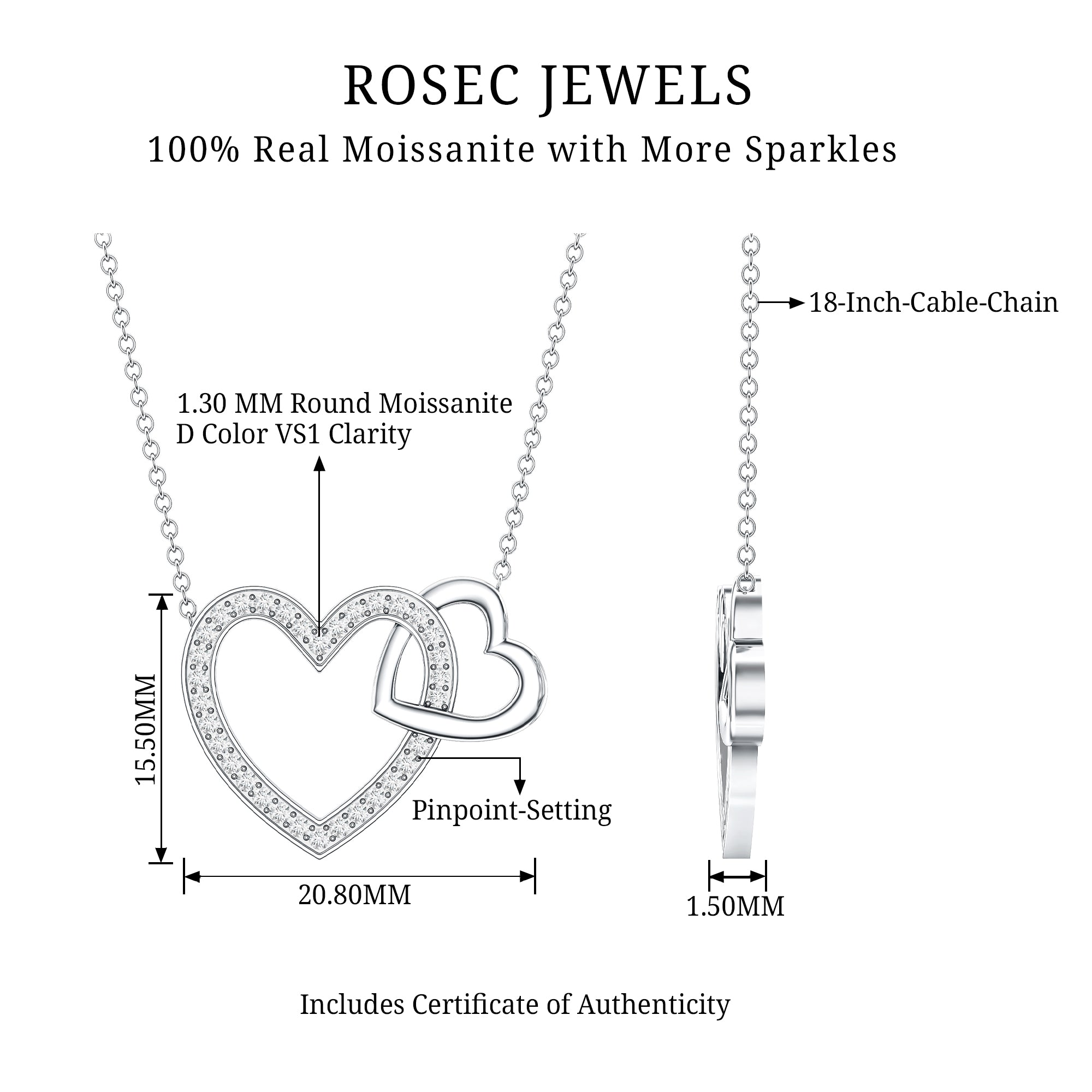 Certified Moissanite Double Heart Necklace for Women D-VS1 - Rosec Jewels