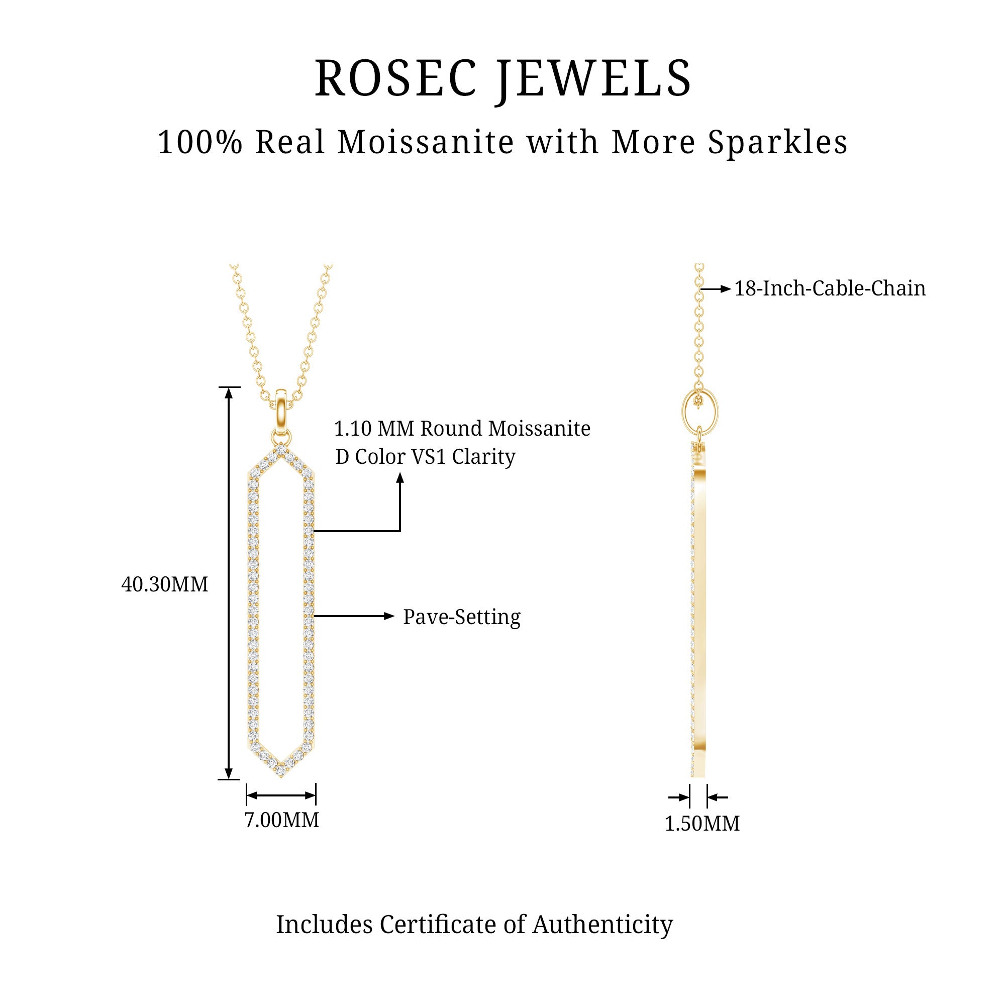 Elongated Hexagonal Moissanite Pendant Necklace with Certificate D-VS1 - Rosec Jewels