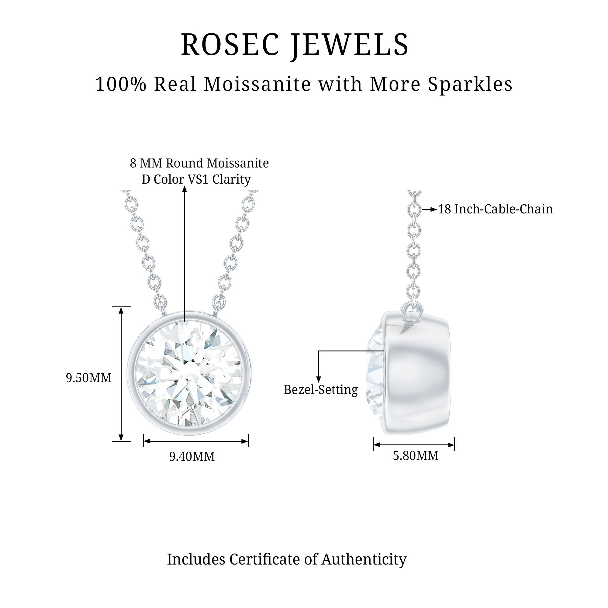 2 Carat Certified Moissanite Solitaire Necklace in Bezel Setting D-VS1 - Rosec Jewels
