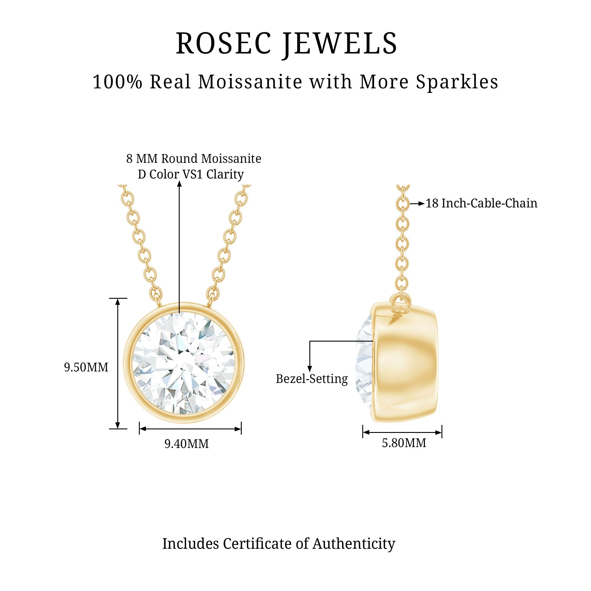 2 Carat Certified Moissanite Solitaire Necklace in Bezel Setting D-VS1 - Rosec Jewels