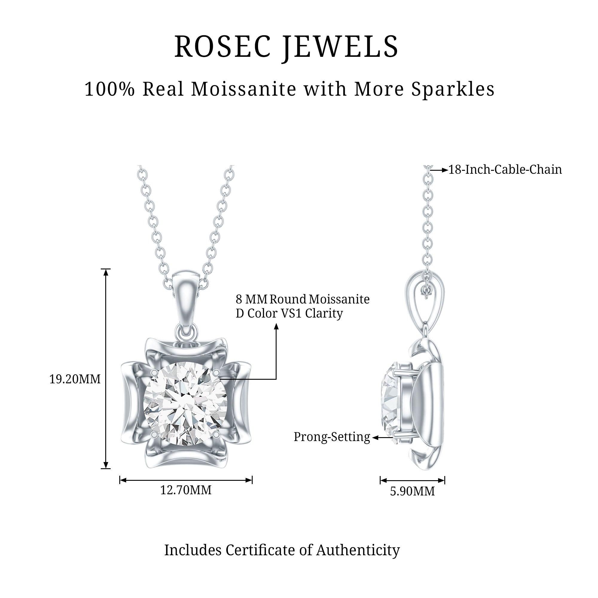 Certified Moissanite Solitaire Pendant in Prong Setting D-VS1 - Rosec Jewels