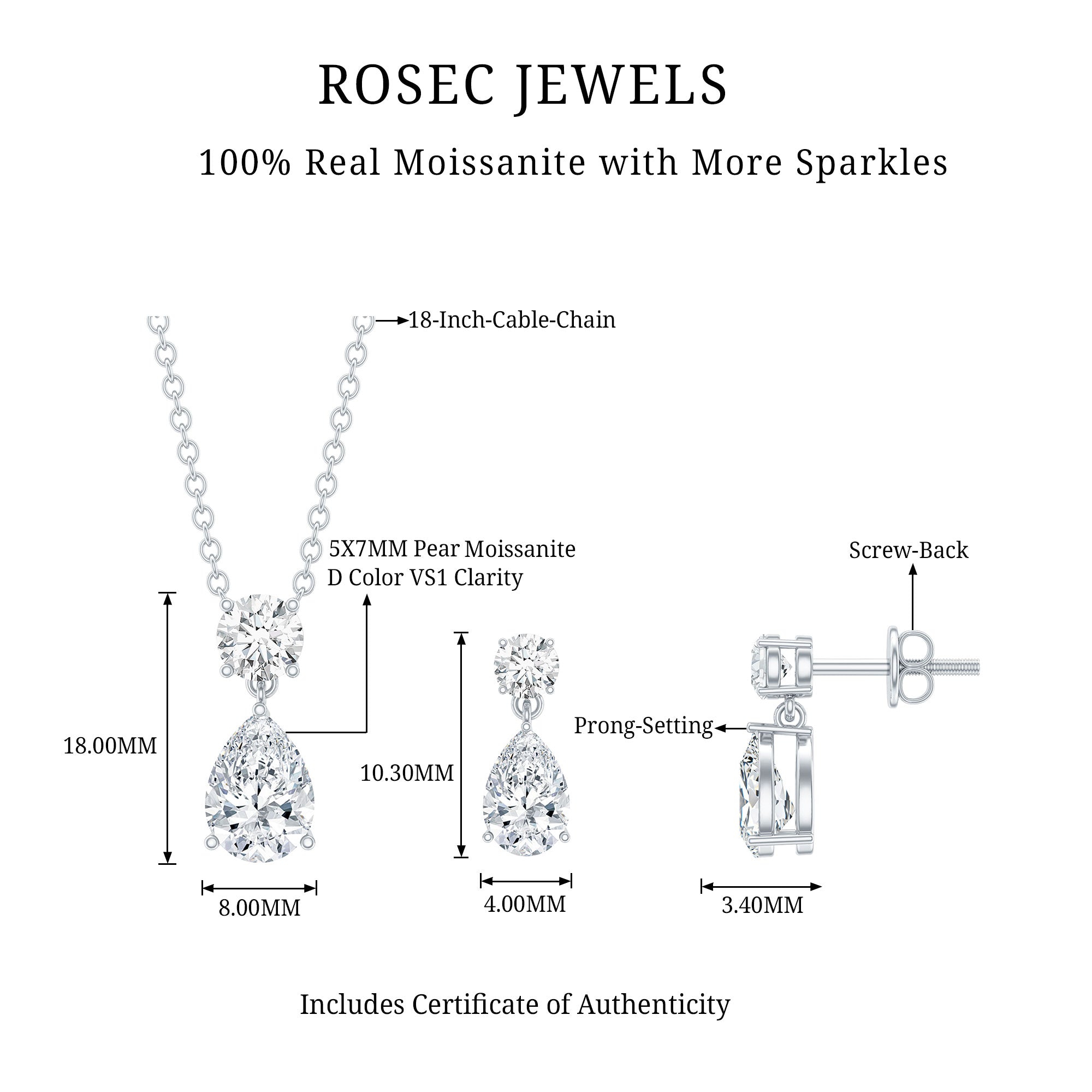 2.5 CT Moissanite Teardrop Two Stone Jewelry Set D-VS1 - Rosec Jewels