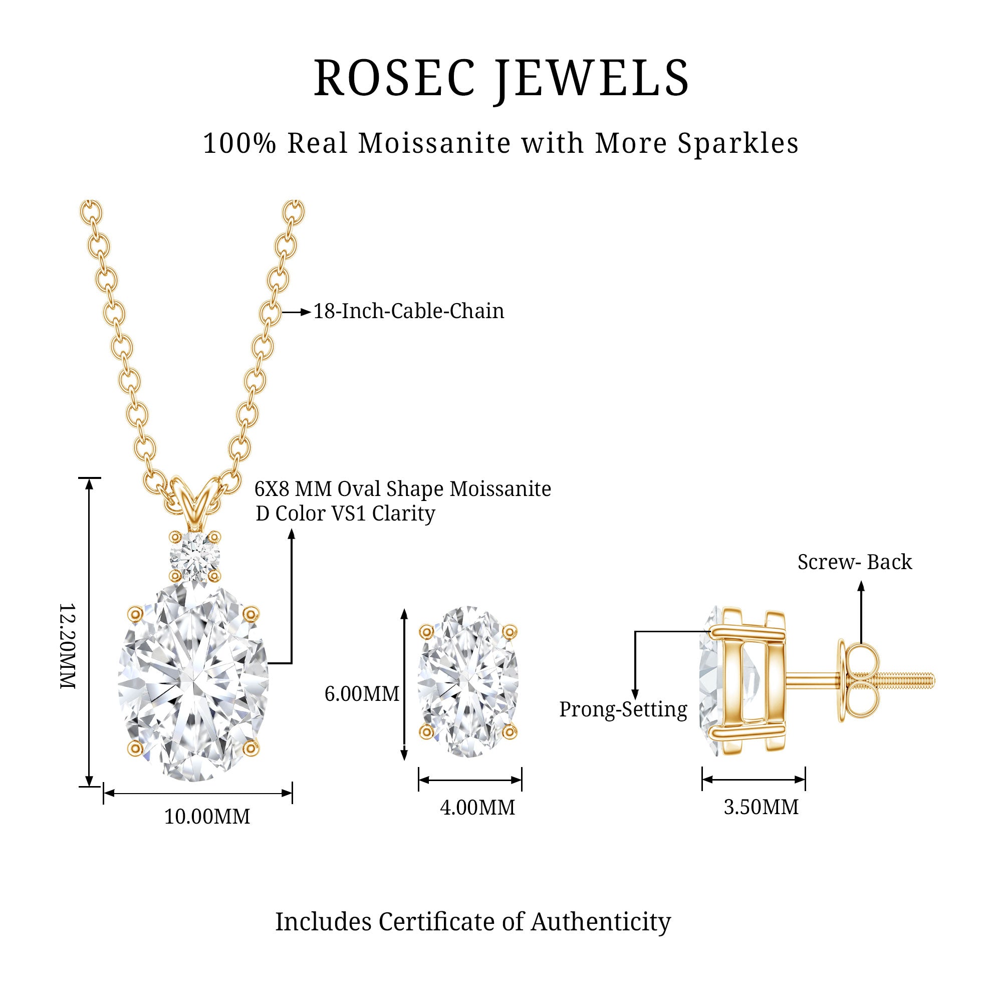 Certified 2 Carat Moissanite Oval Necklace and Earrings Set D-VS1 - Rosec Jewels