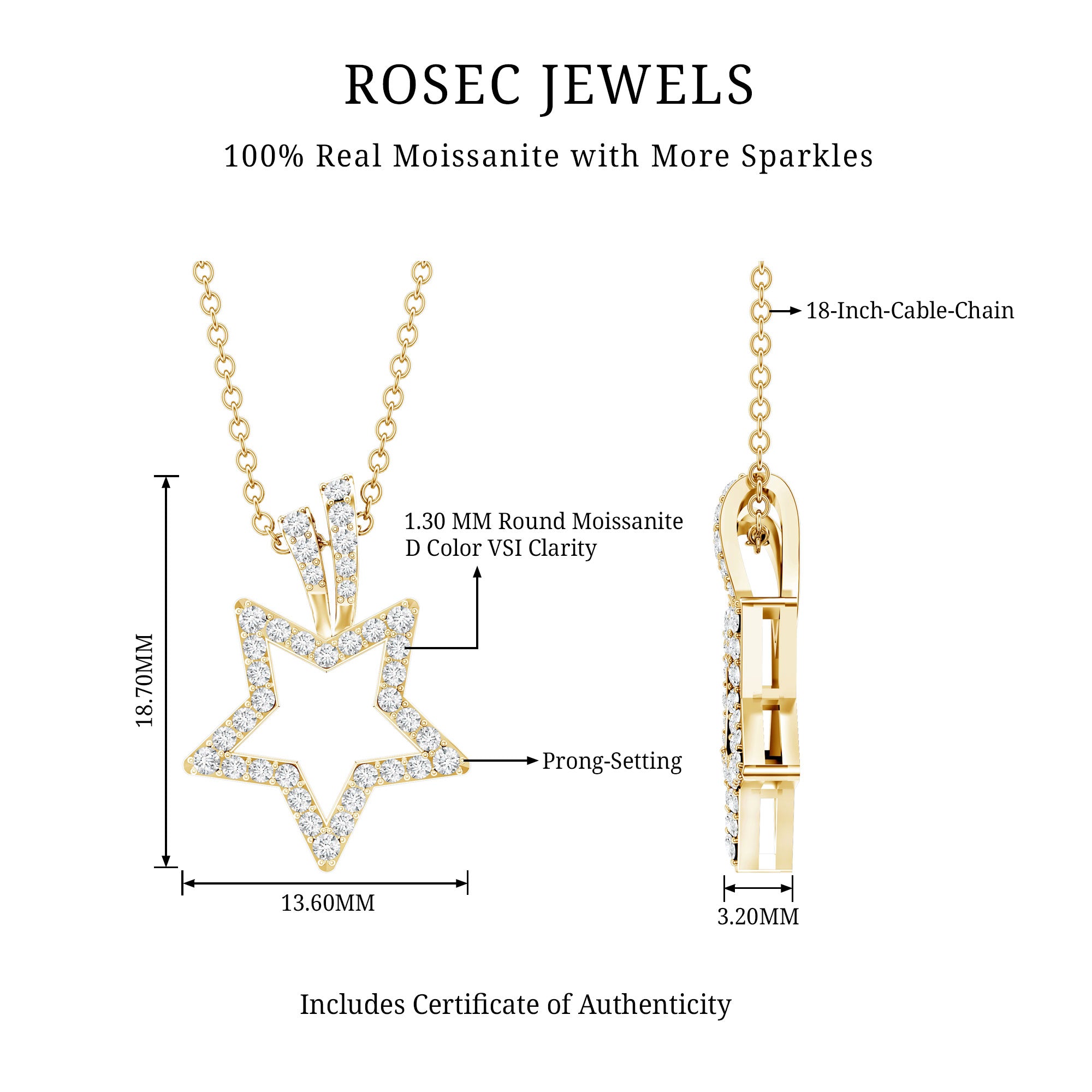 Certified Moissanite Star Shape Pendant D-VS1 - Rosec Jewels