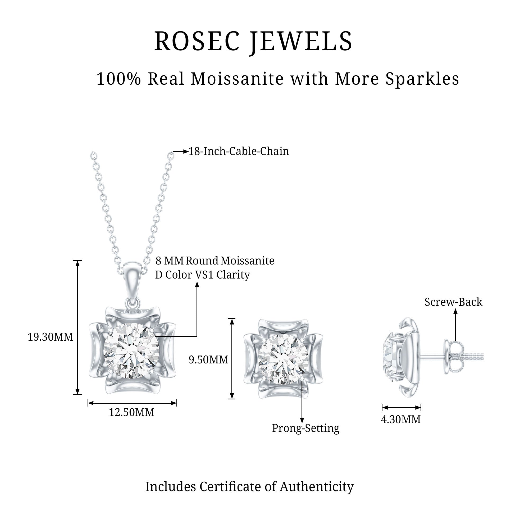 4 CT Round Shape Moissanite Solitaire Jewelry Set D-VS1 - Rosec Jewels