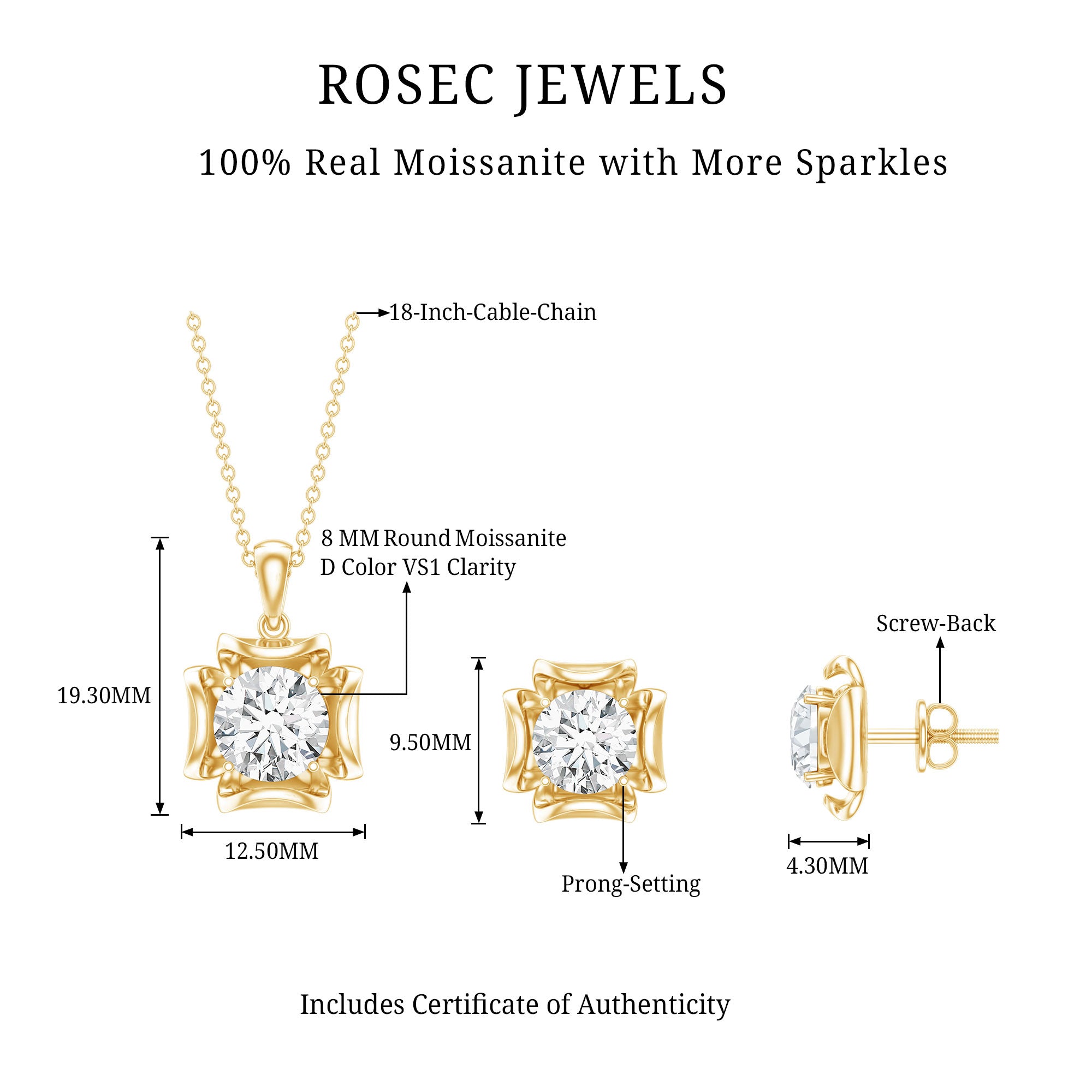 4 CT Round Shape Moissanite Solitaire Jewelry Set D-VS1 - Rosec Jewels