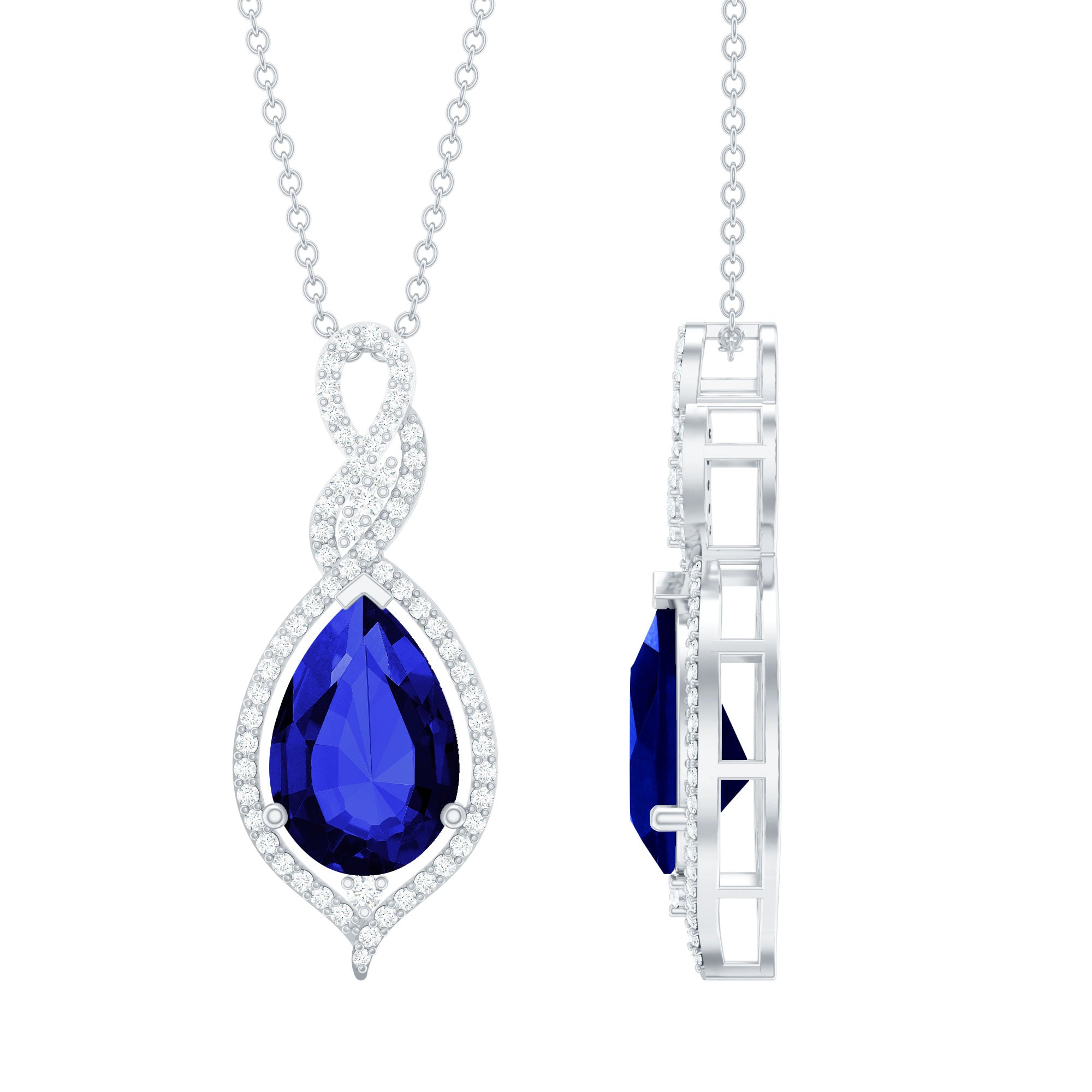 Pear Cut Created Blue Sapphire and Diamond Teardrop Pendant