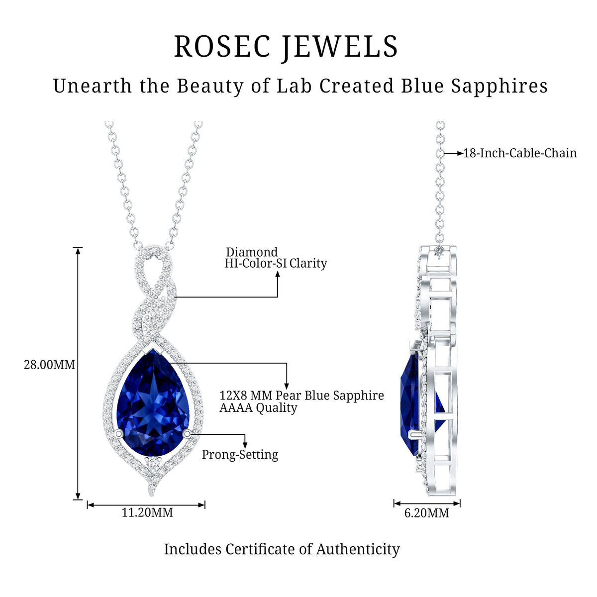 Certified 4 Carat Lab Created Blue Sapphire and Diamond Teardrop Pendant AAAA - Rosec Jewels