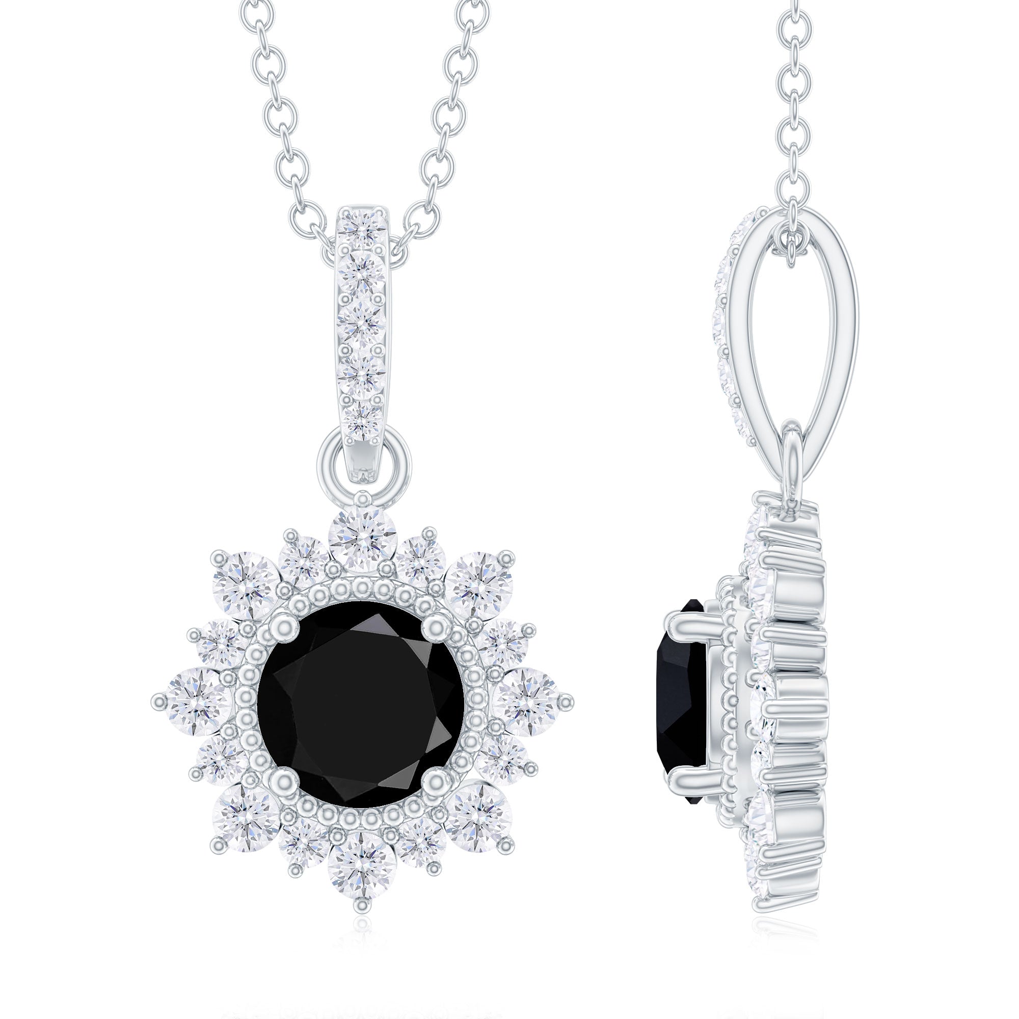 Created Black Diamond Pendant Necklace With Diamond Halo