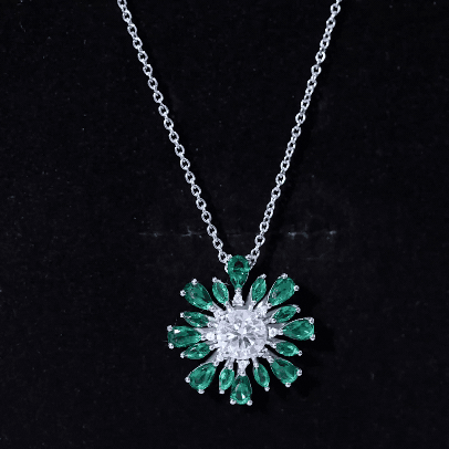 Rosec Jewels-Certified Moissanite Flower Designer Necklace With Lab Emerald