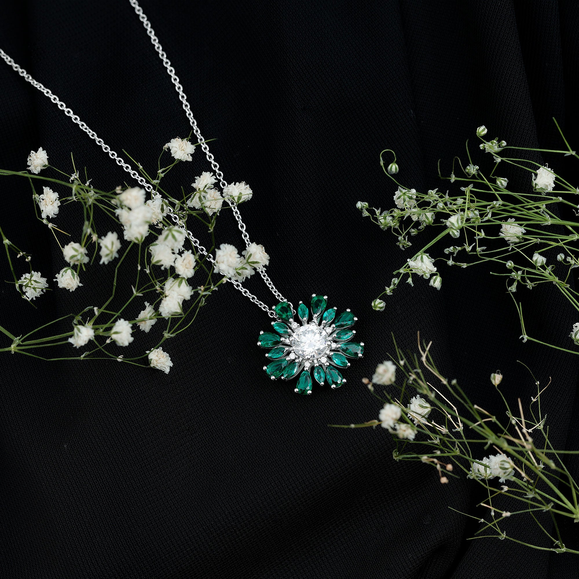 Rosec Jewels-Certified Moissanite Flower Designer Necklace With Lab Emerald