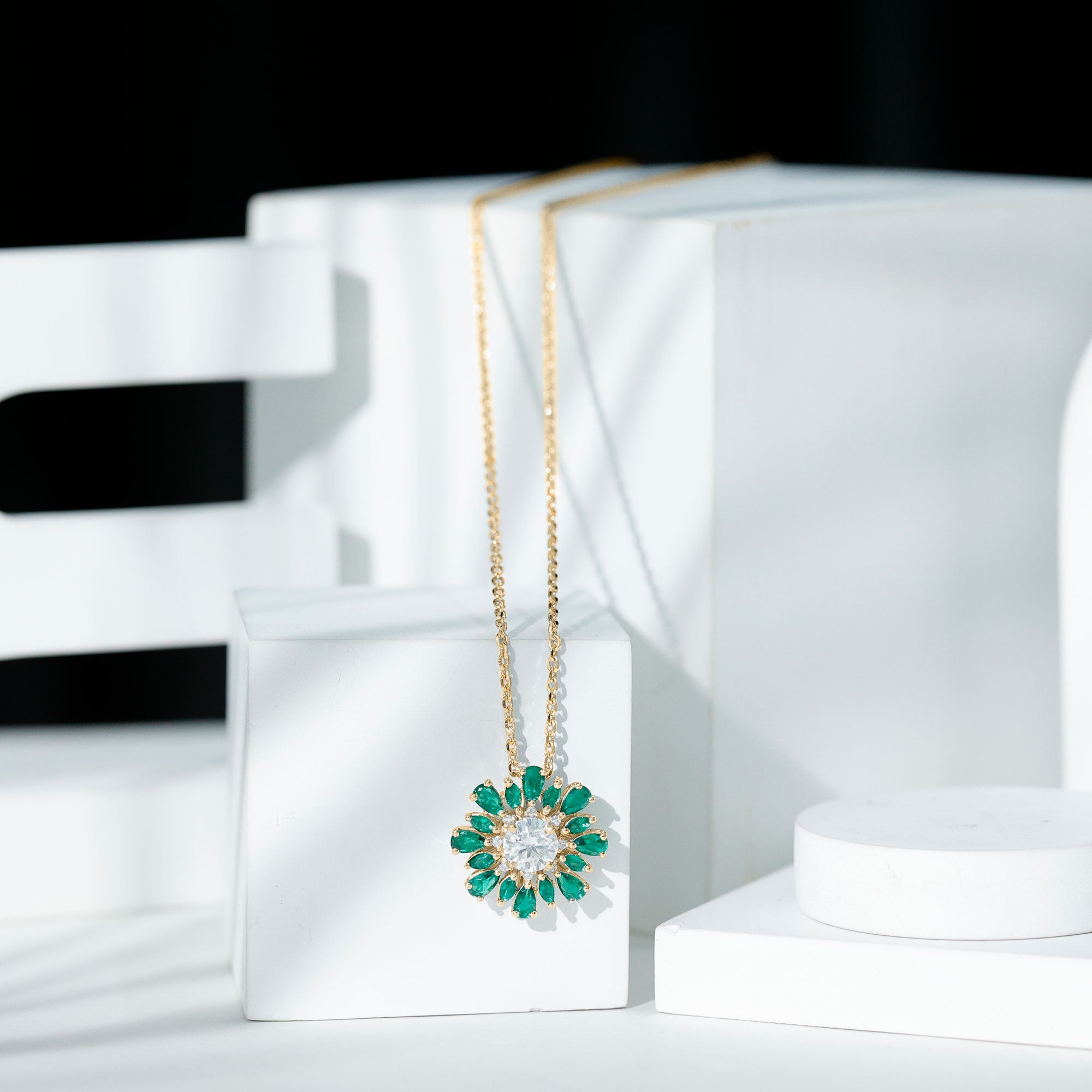 Rosec Jewels-Certified Moissanite Flower Designer Necklace With Lab Emerald