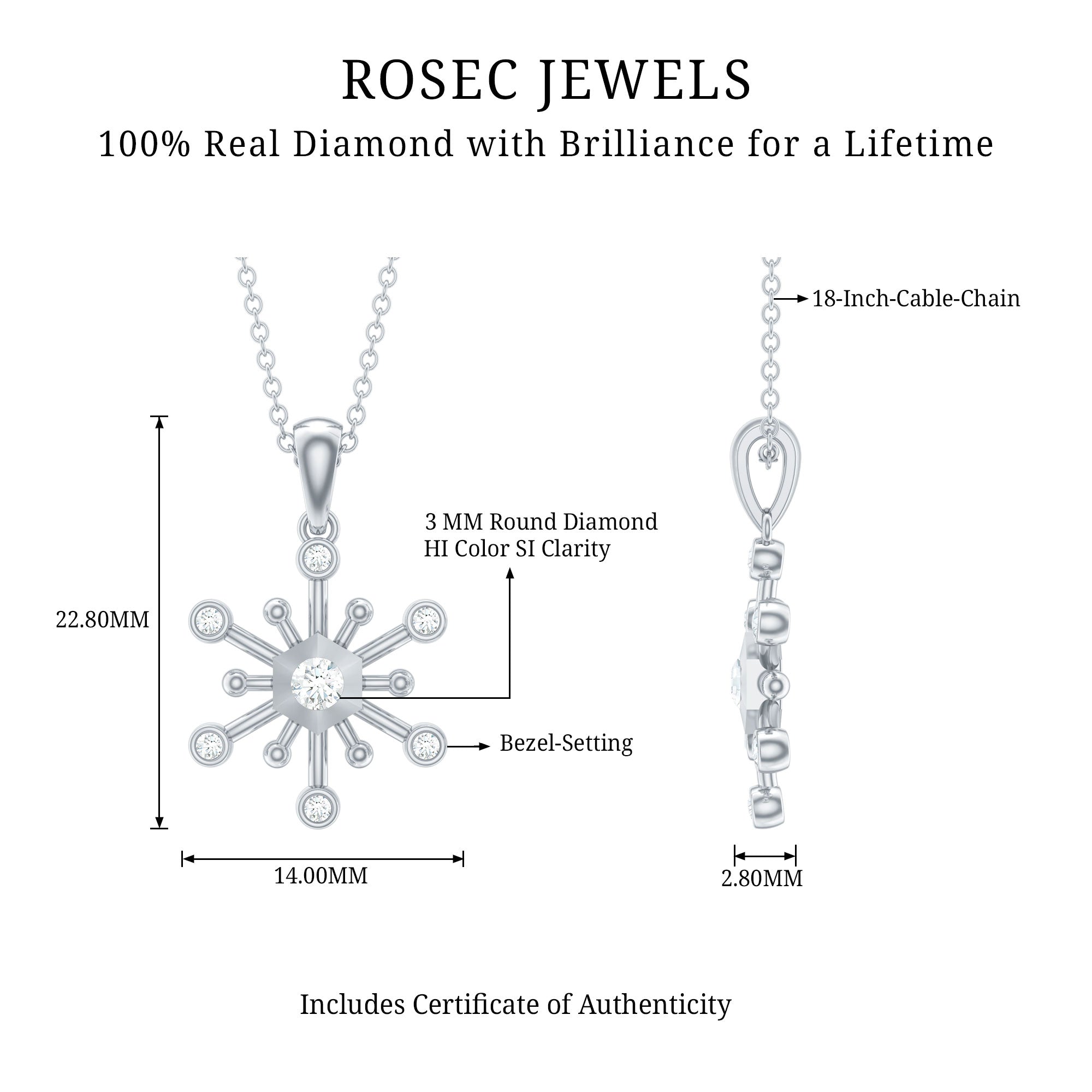Diamond Snowflake Pendant Necklace for Women Lab - ( EF-VS ) - Rosec Jewels