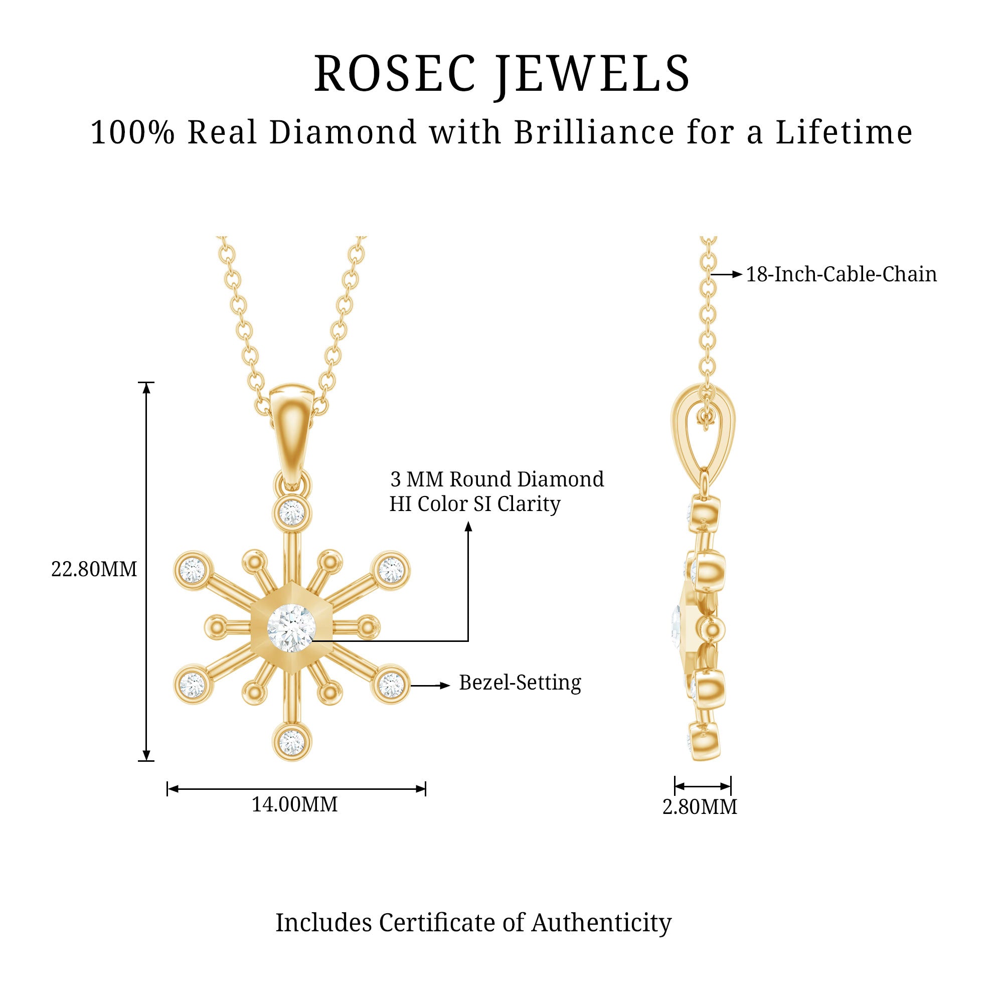 Diamond Snowflake Pendant Necklace for Women Lab - ( EF-VS ) - Rosec Jewels