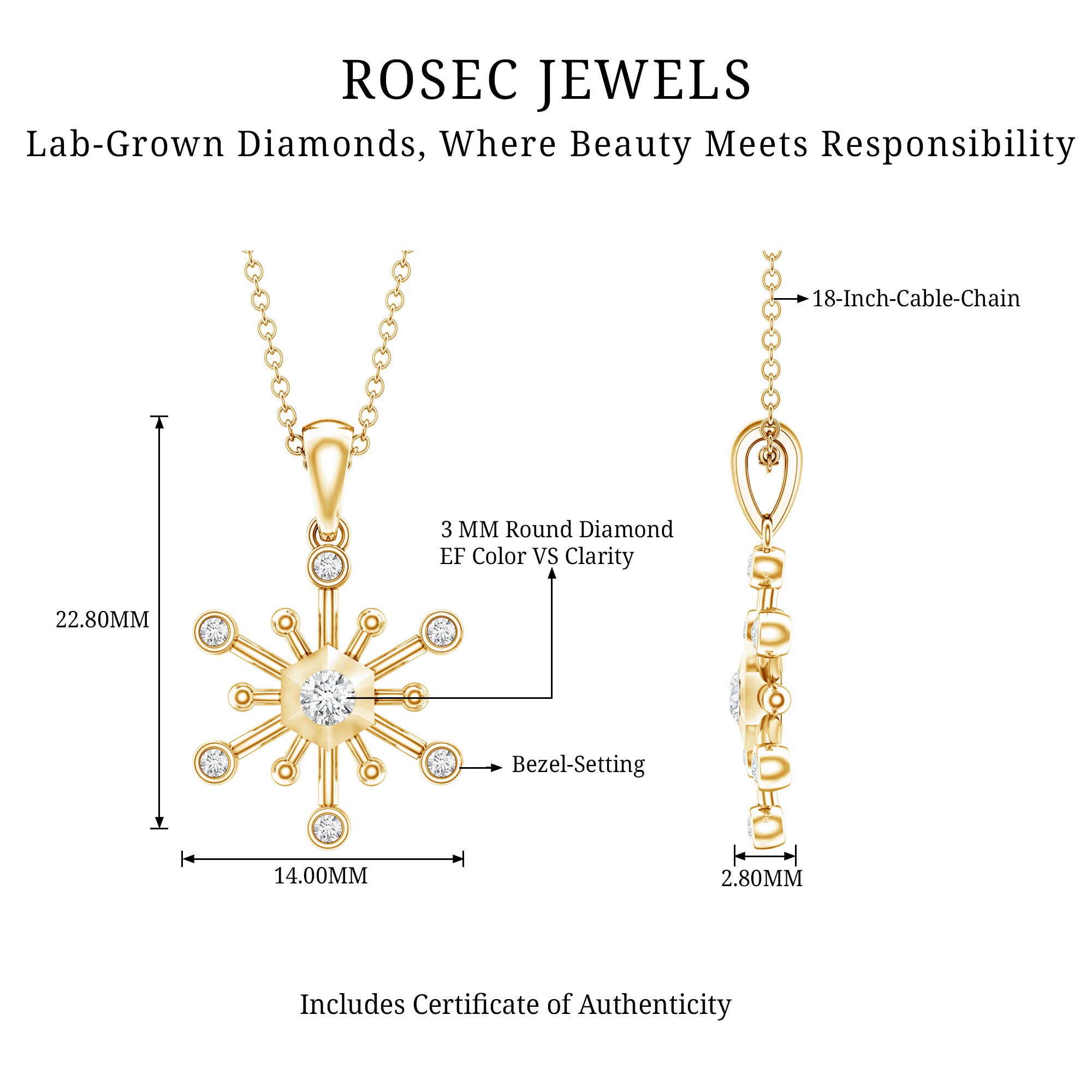 Diamond Snowflake Pendant Necklace for Women Lab - ( EF-VS ) - Rosec Jewels