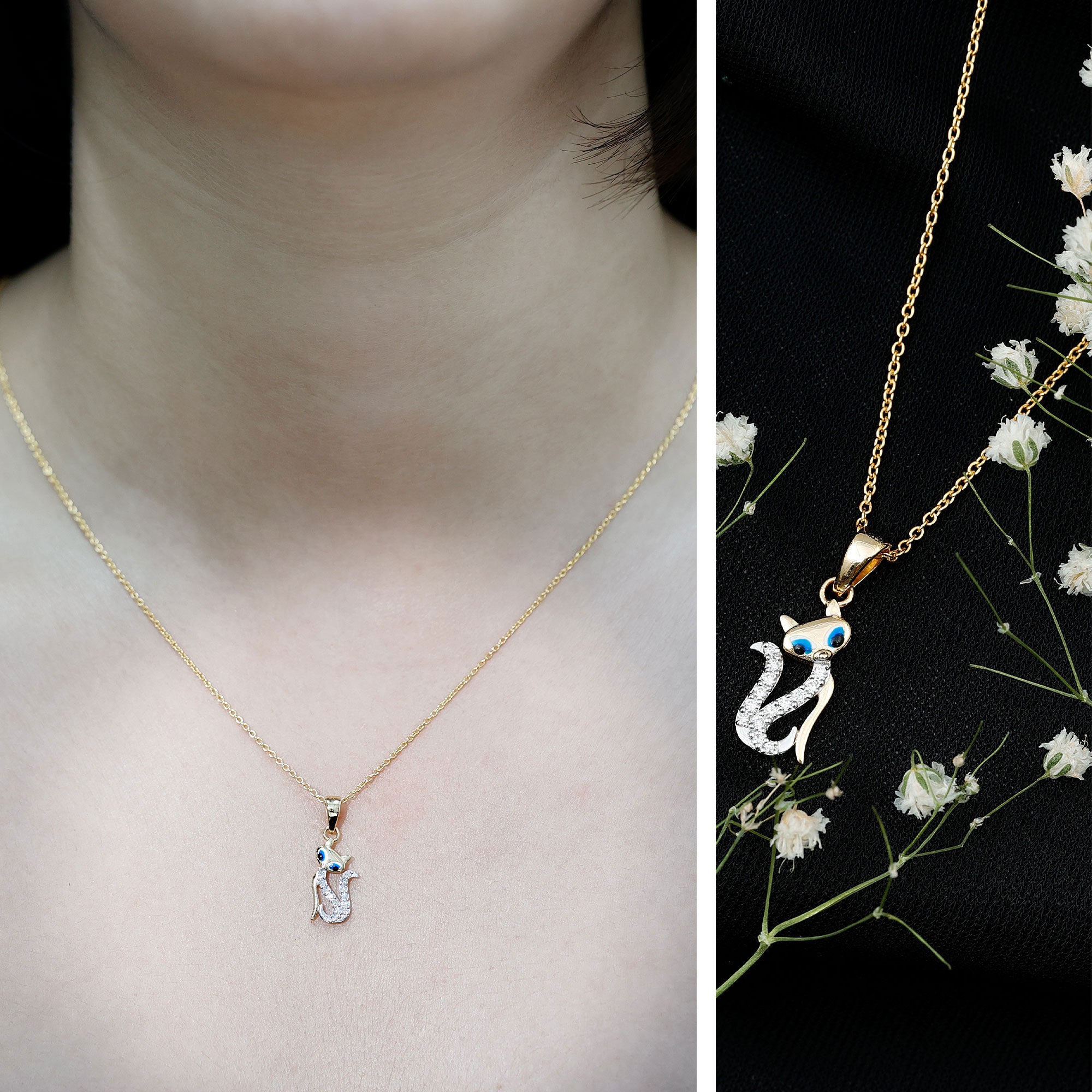 Rosec Jewels-April Birthstone Diamond Kitty Charm Necklace For Women