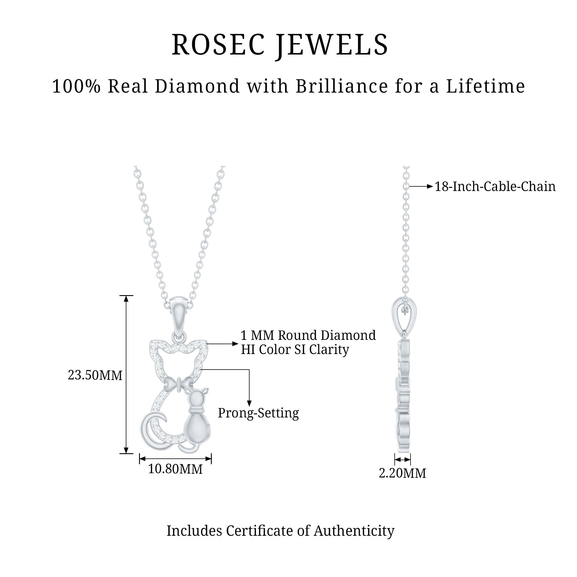 Certified Diamond Kitty Cat Pendant Necklace Lab - ( EF-VS ) - Rosec Jewels