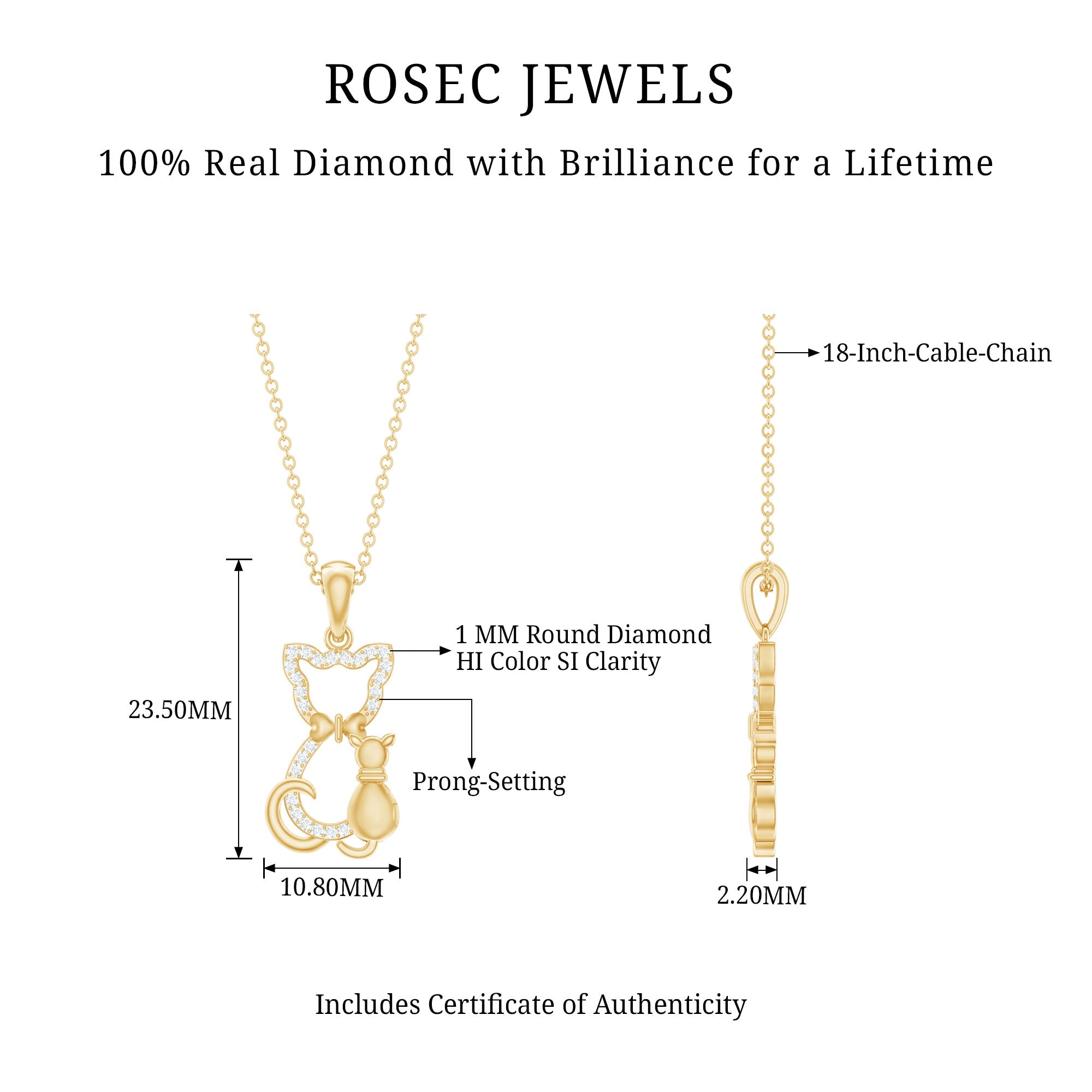 Certified Diamond Kitty Cat Pendant Necklace Lab - ( EF-VS ) - Rosec Jewels