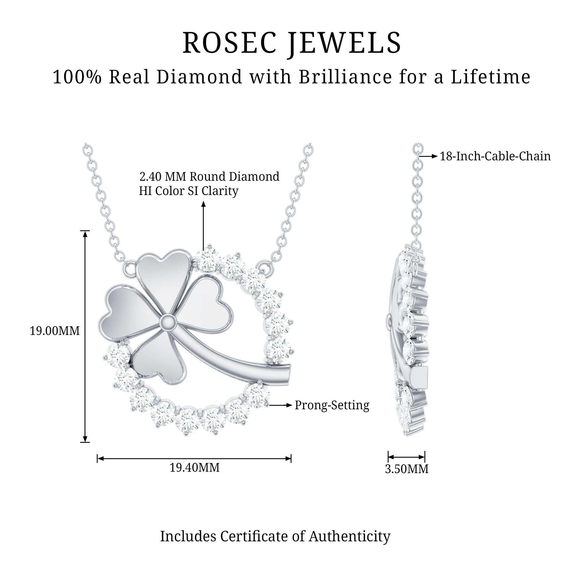 Certified Diamond Lucky 4 Leaf Necklace Lab - ( EF-VS ) - Rosec Jewels