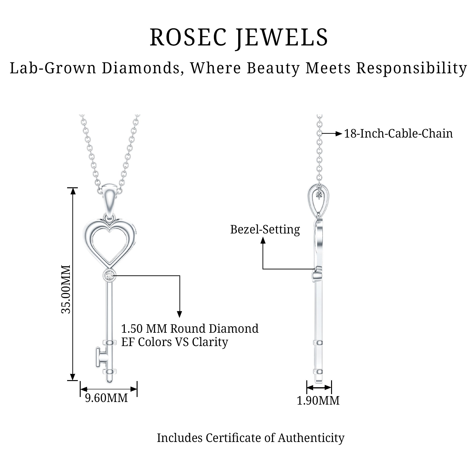 Diamond Heart Key Pendant Necklace For Women Lab - ( EF-VS ) - Rosec Jewels