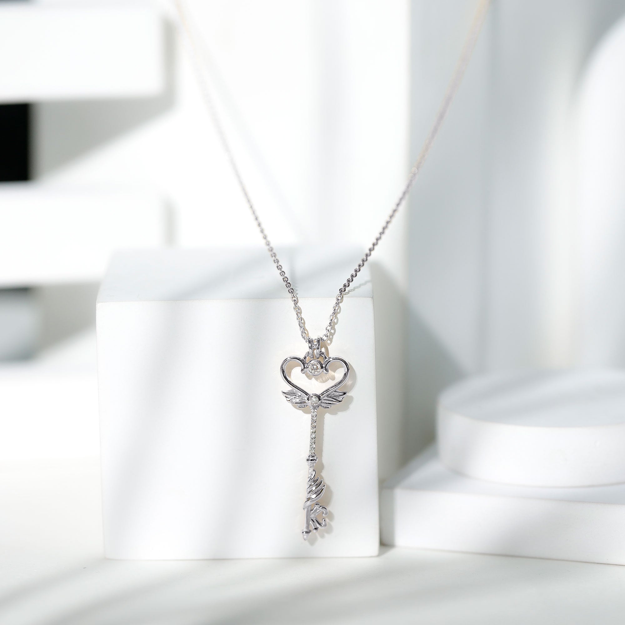 Diamond Key Necklace with Angel Wings Lab - ( EF-VS ) - Rosec Jewels