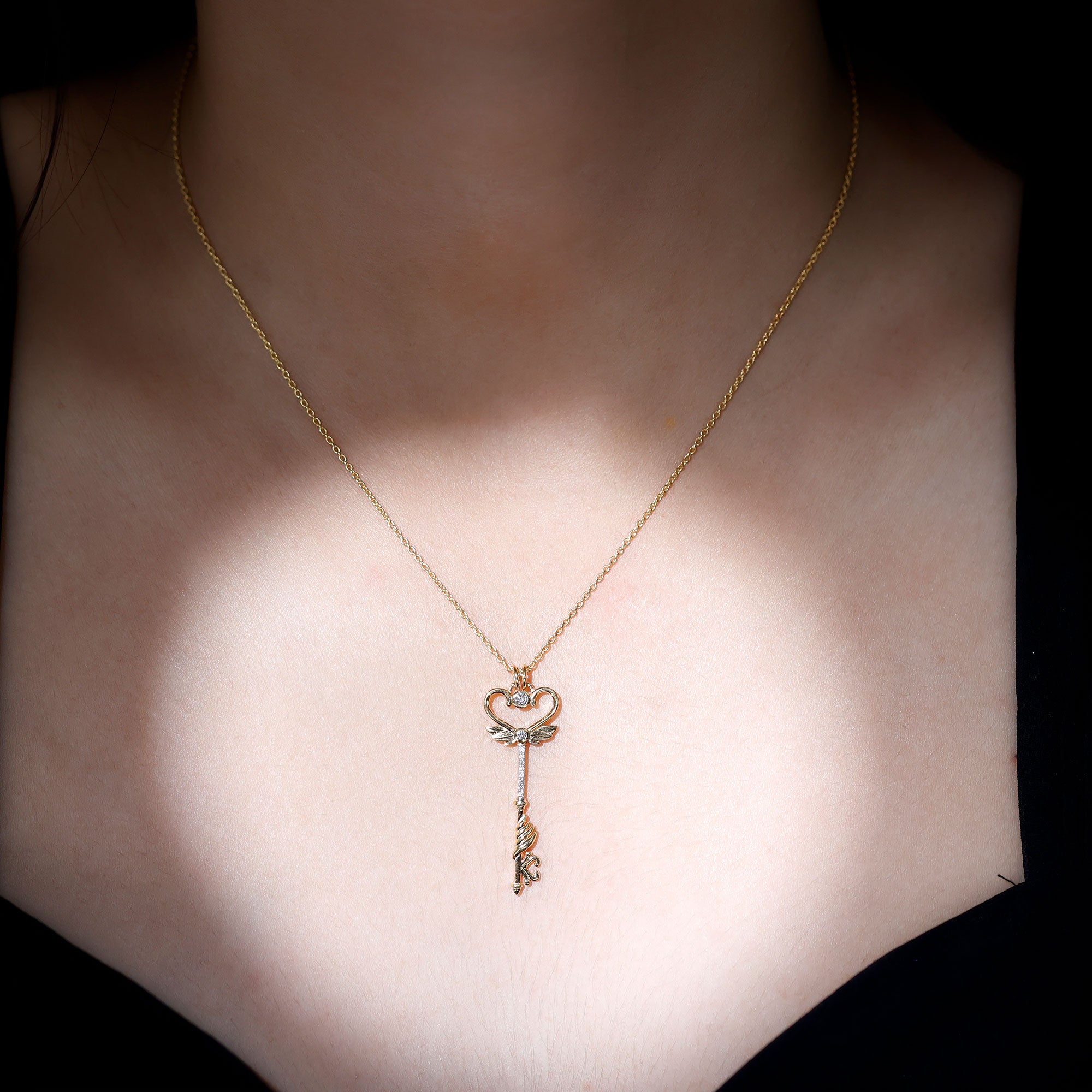 Diamond Key Necklace with Angel Wings Lab - ( EF-VS ) - Rosec Jewels