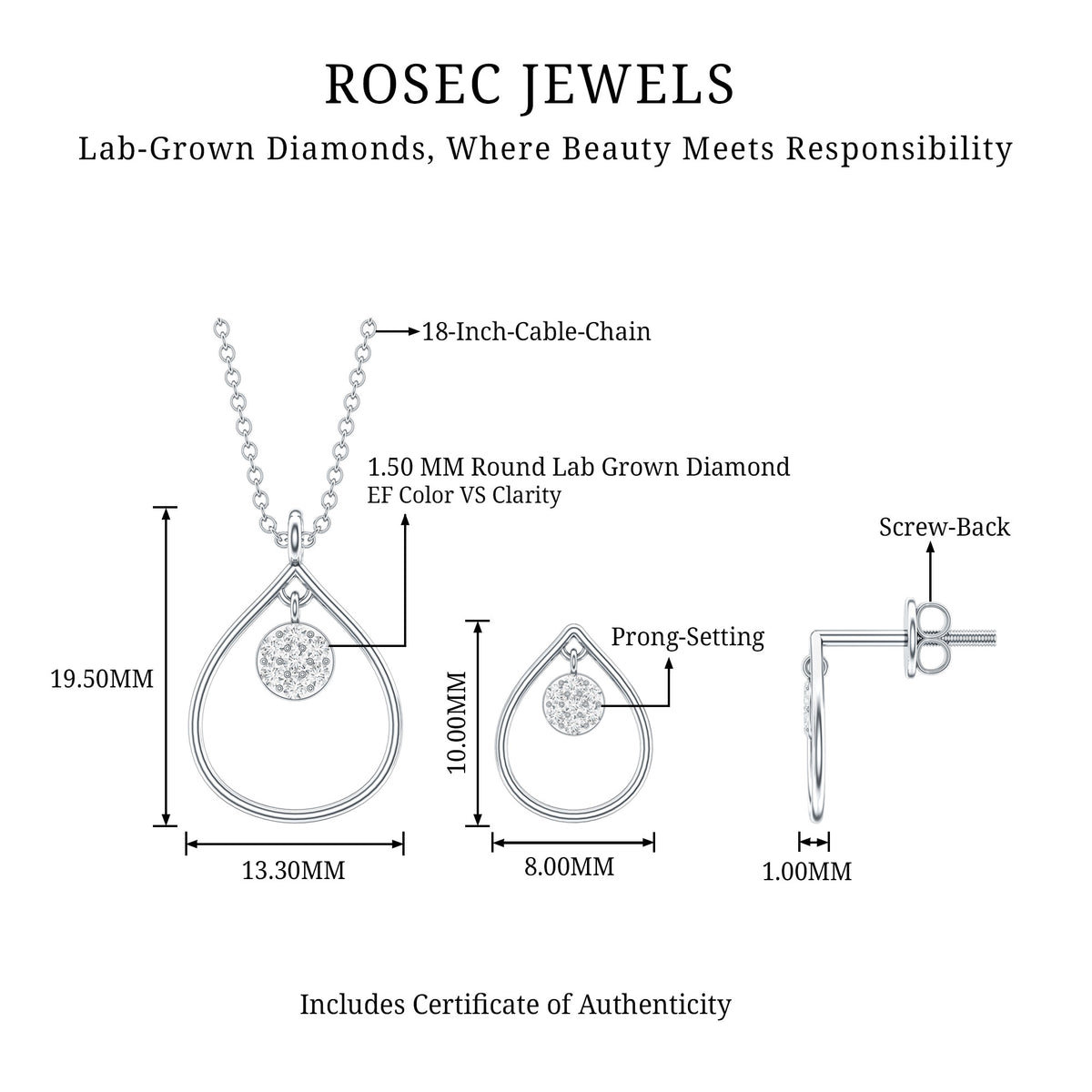Diamond Wedding Necklace Earring Set for Bride Lab - ( EF-VS ) - Rosec Jewels